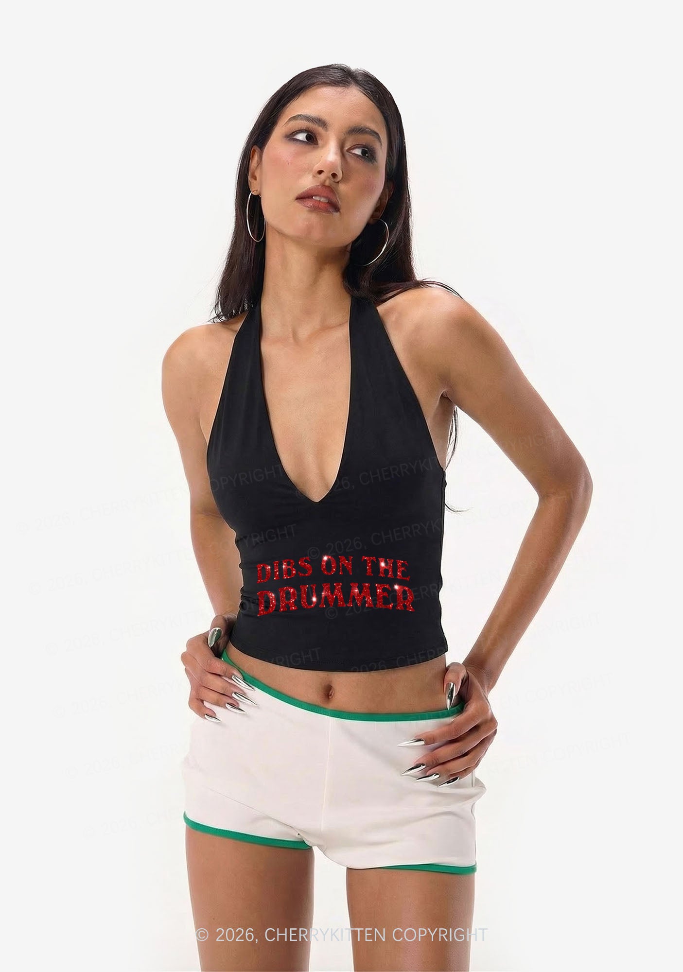 Glitter Dibs On The Drummer Y2K Halter Deep V Neck Cami Cherrykitten