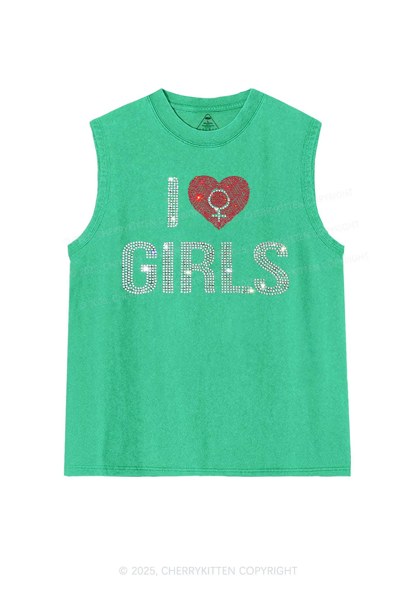 Rhinestone I Love Girls Pride Y2K Washed Muscle Tank Cherrykitten