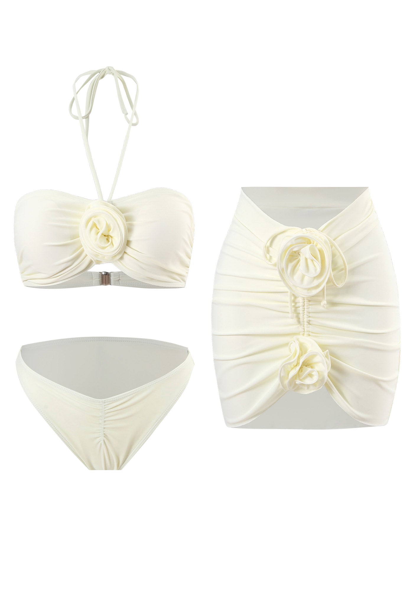 White Flower Halter Three piece Y2K Bikini Set Cherrykitten