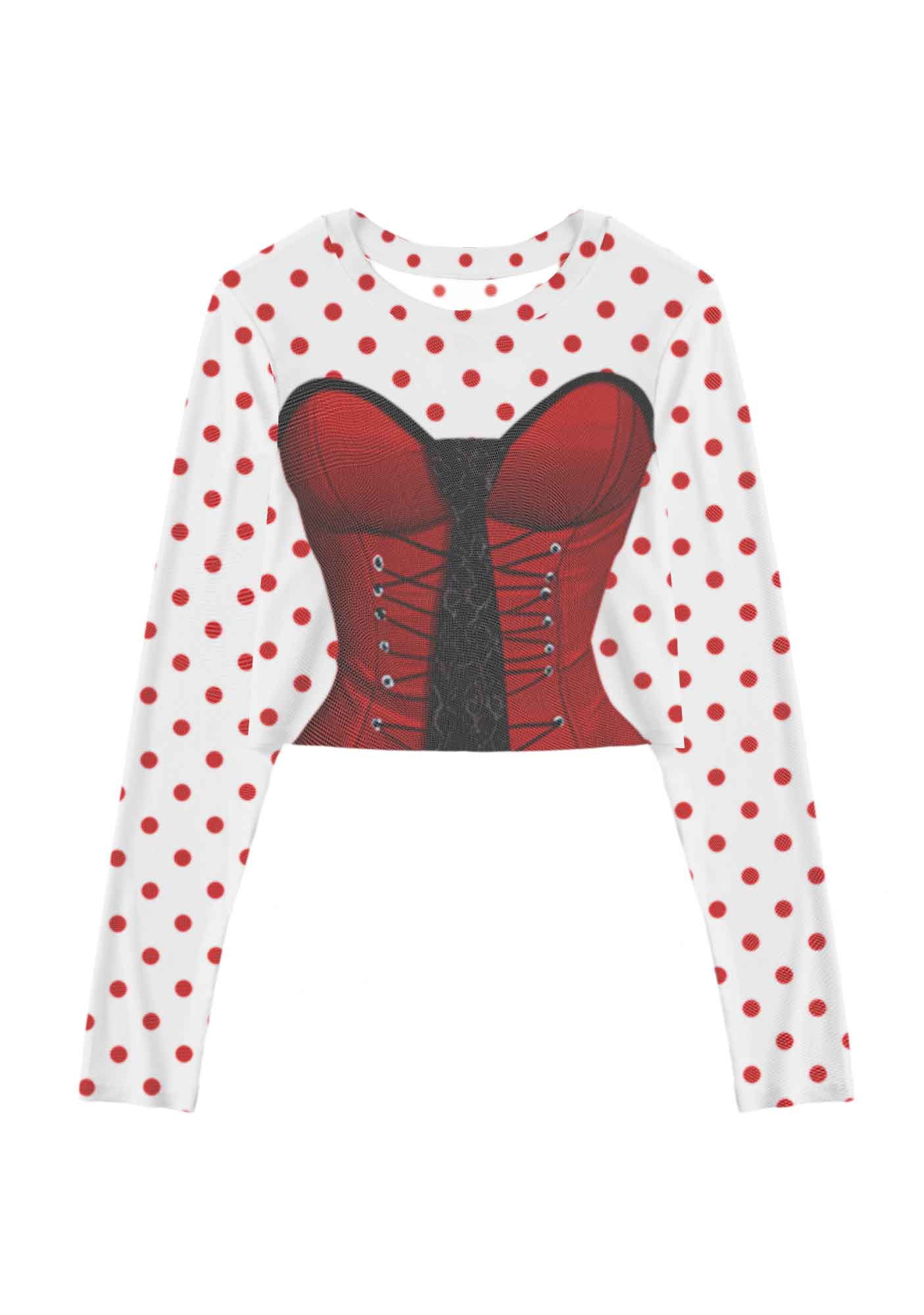 Dots Red Corset Y2K Mesh Long Sleeve Crop Top Cherrykitten