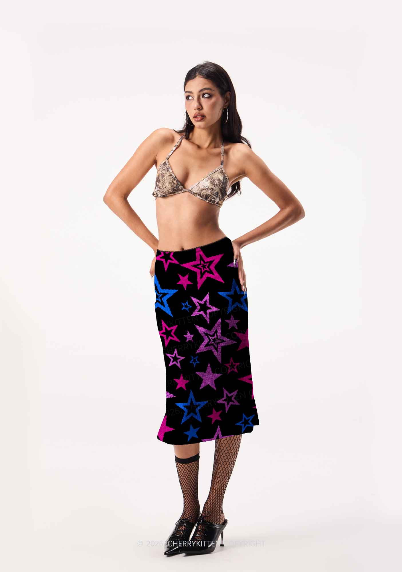 Bisexual Star Pride Y2K Print Midi Skirt Cherrykitten