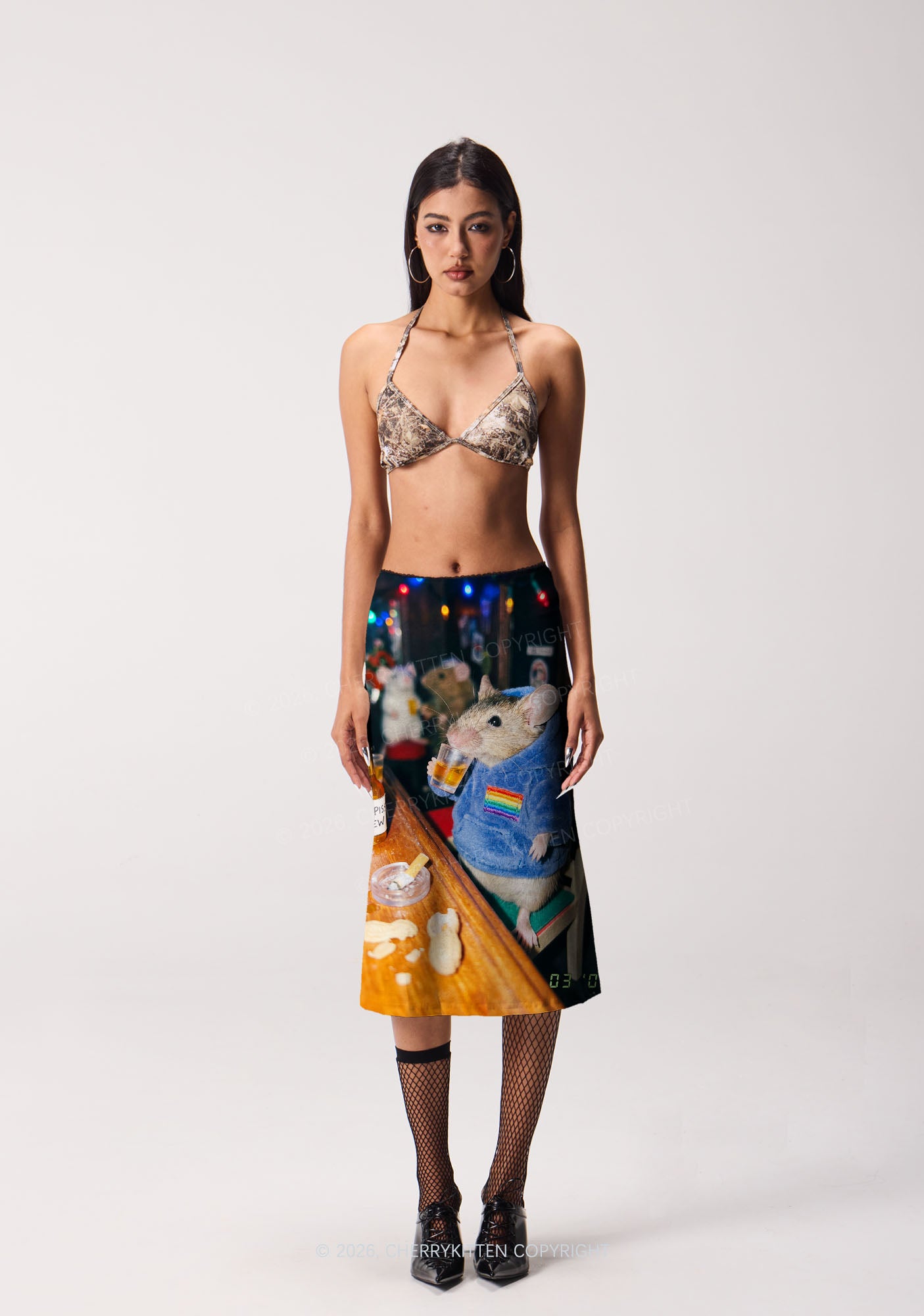 Blue Hoodie Rat Drinking Pride Y2K Print Midi Skirt Cherrykitten