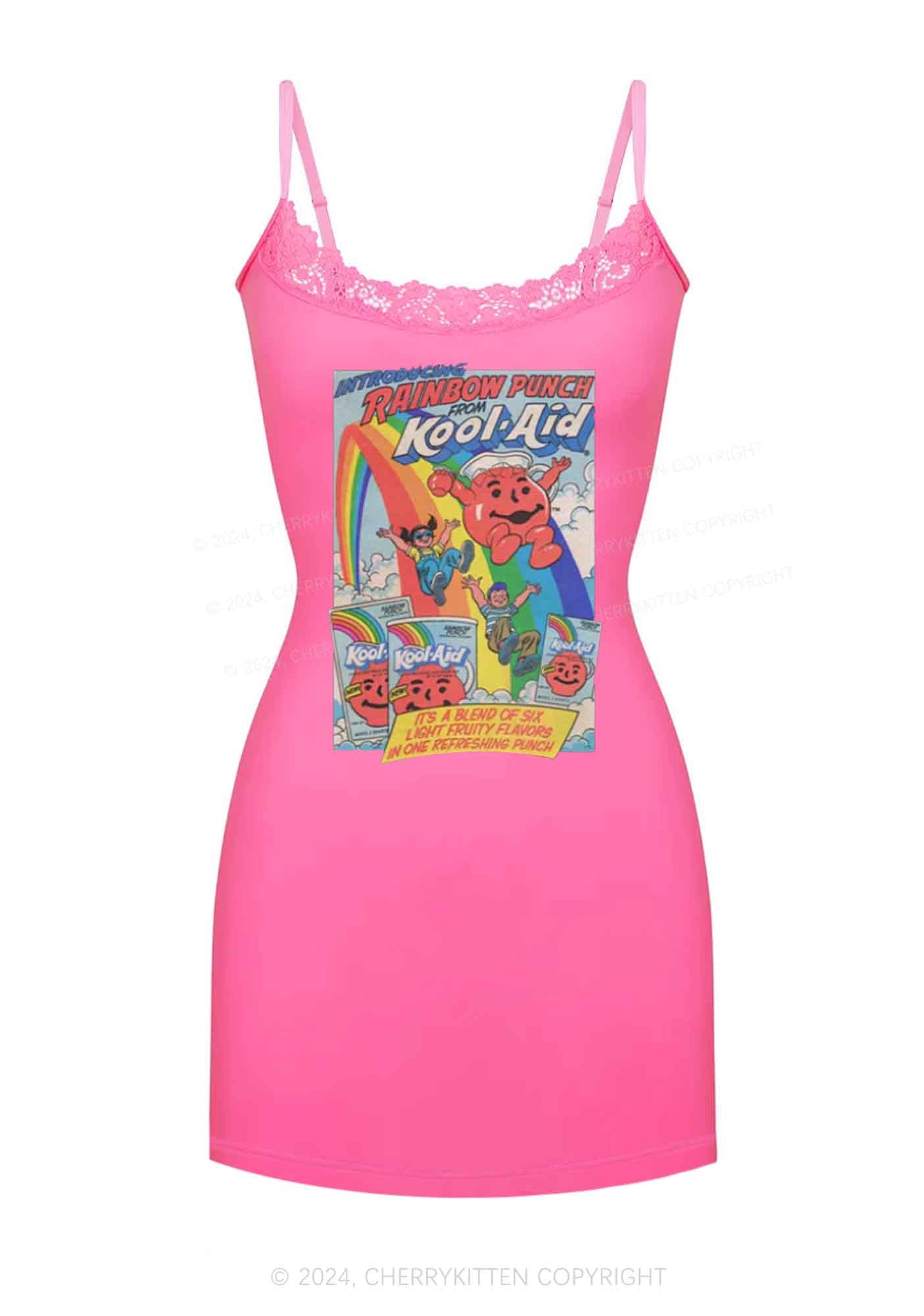 Rainbow Punch Y2K Lace Slip Dress Cherrykitten