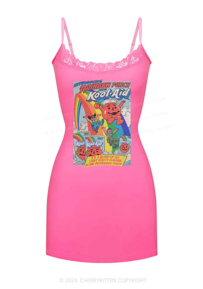 Rainbow Punch Y2K Lace Slip Dress Cherrykitten