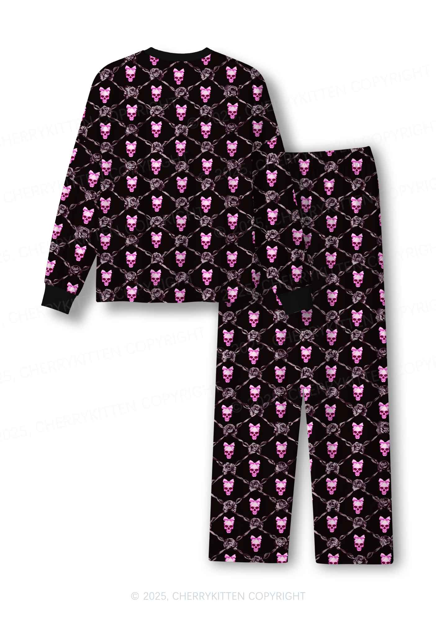 Halloween Pink Skull Y2K Print Long Sleeve Pajama Set Cherrykitten