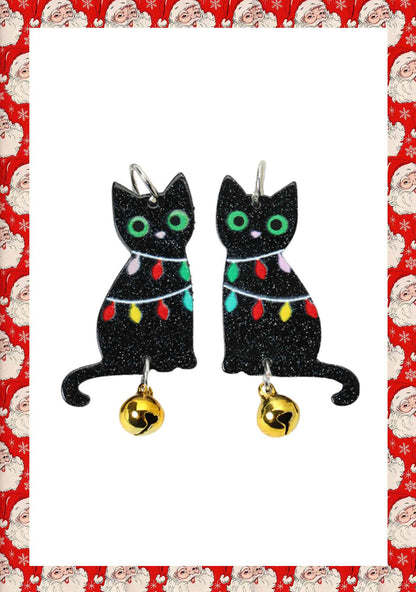 Christmas Y2K Colored Lights Black Cat Earrings Cherrykitten