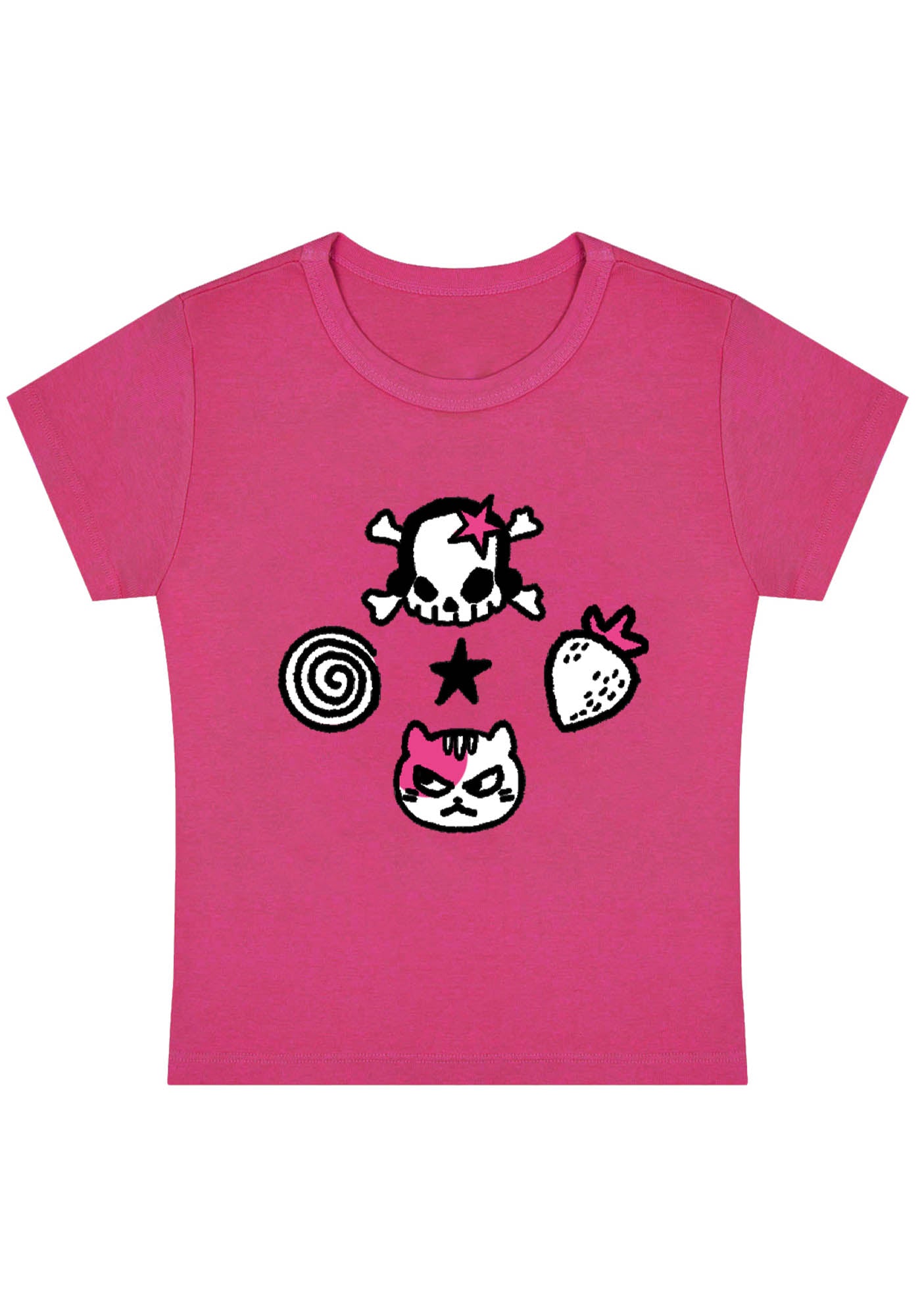 Curvy Skull Strawberry Cat Stars Baby Tee