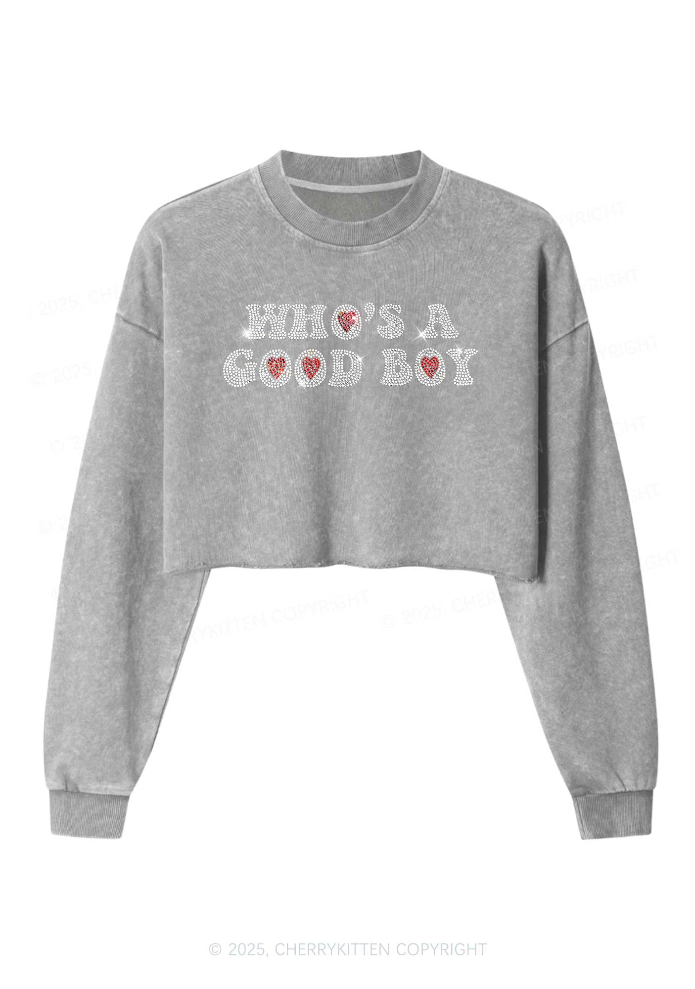 Rhinestone Whos A Good Boy Y2K Crop Washed Sweatshirts Cherrykitten