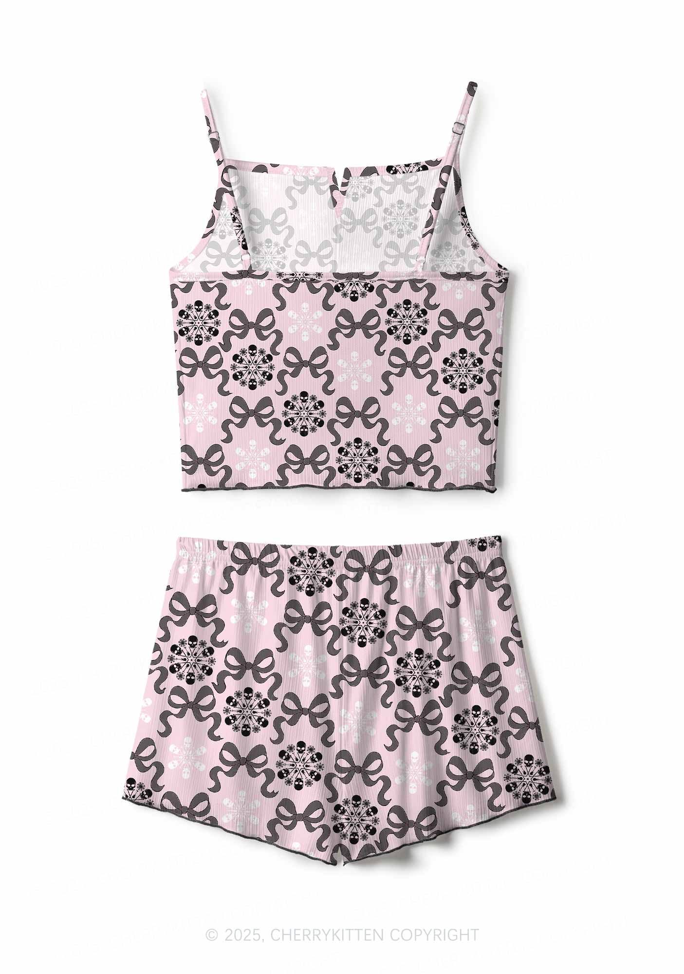 Christmas Bow Skull Snowflakes Y2K Print Cami Shorts Pajama Set Cherrykitten