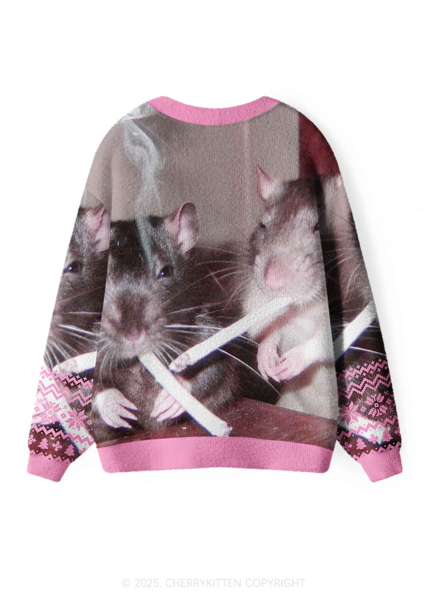 Pink Smoking Rats Y2K Christmas Cardigan Knit Sweatshirt Cherrykitten