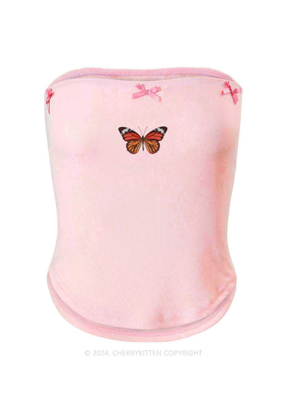 Vintage Butterfly Y2K Pink Bow Tie Tube Top Cherrykitten