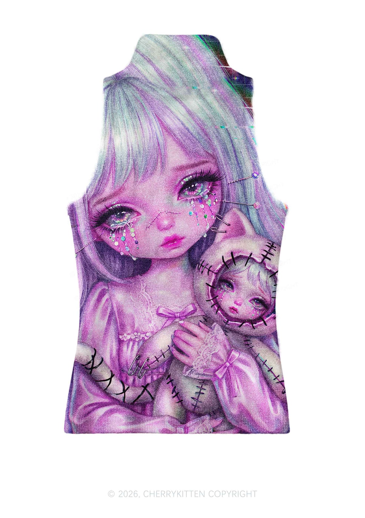 Stitched Doll Girl Y2K Knit Turtleneck Tank Top Cherrykitten