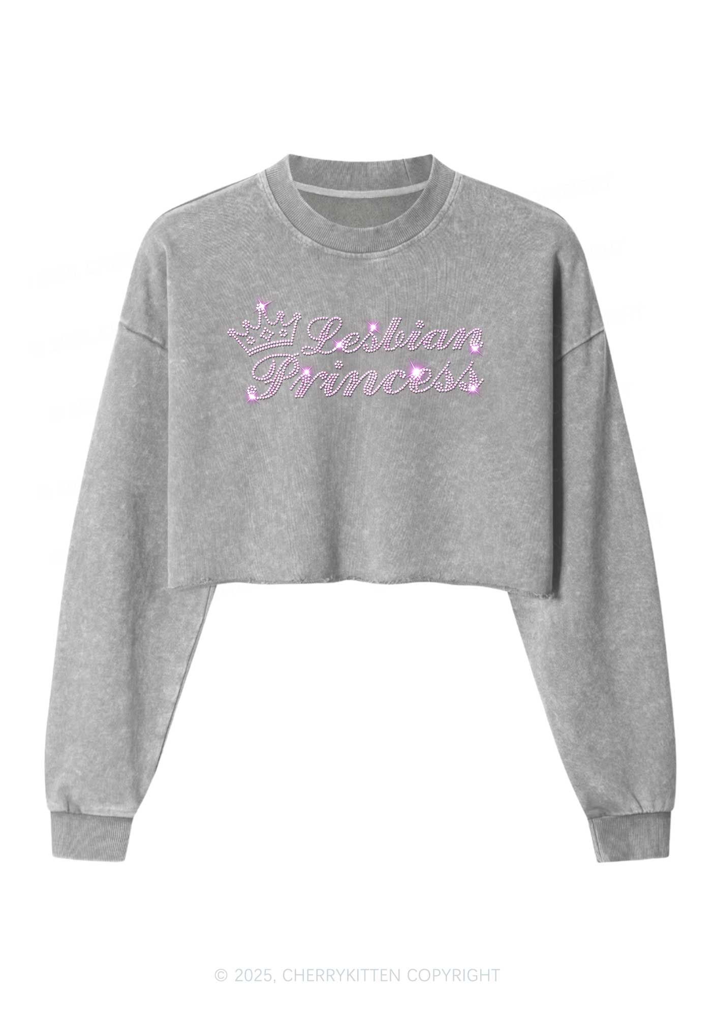 Rhinestone Lesbian Princess Pride Y2K Crop Washed Sweatshirts Cherrykitten