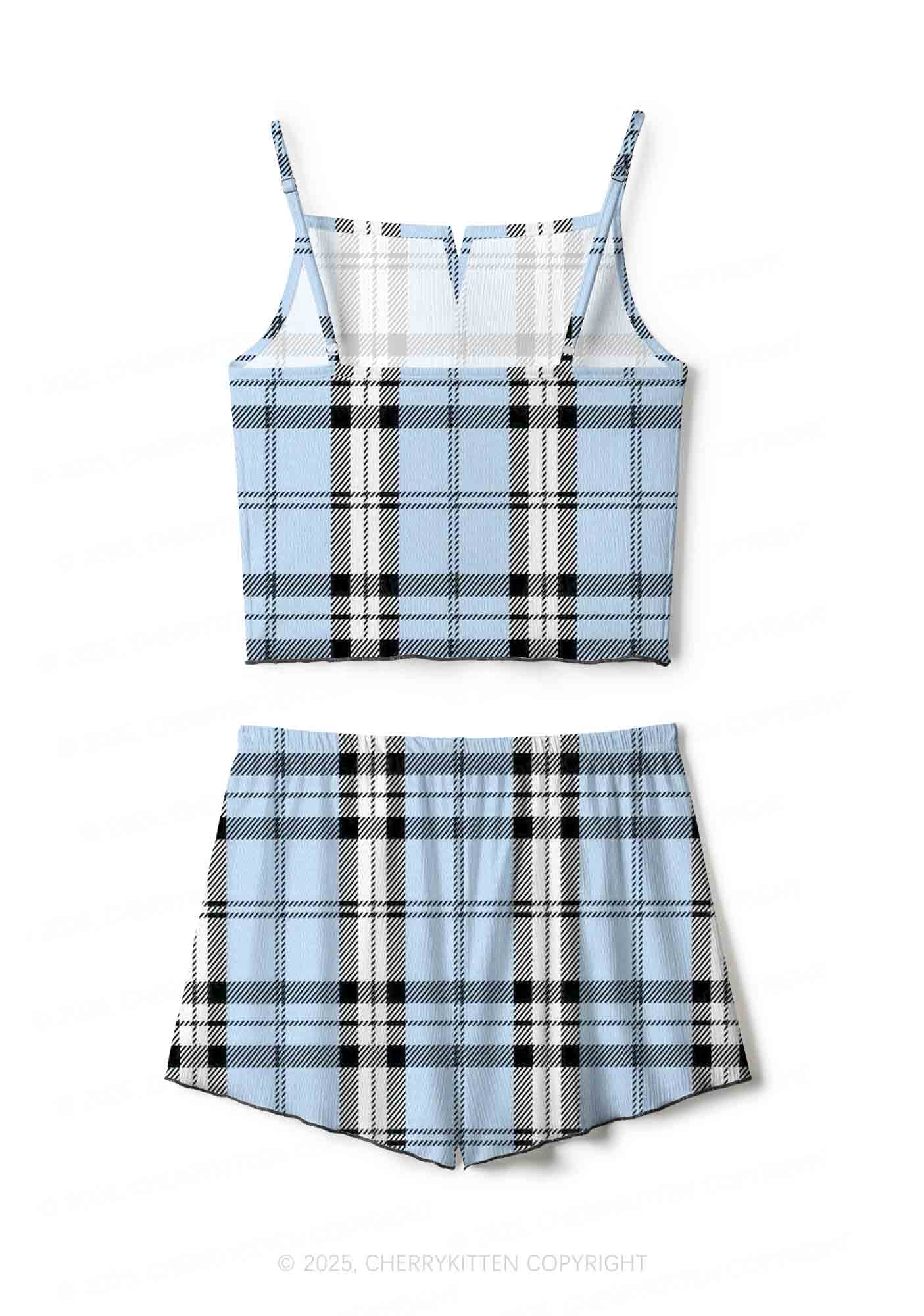 Light Blue Plaid Y2K Print Cami Shorts Pajama Set Cherrykitten