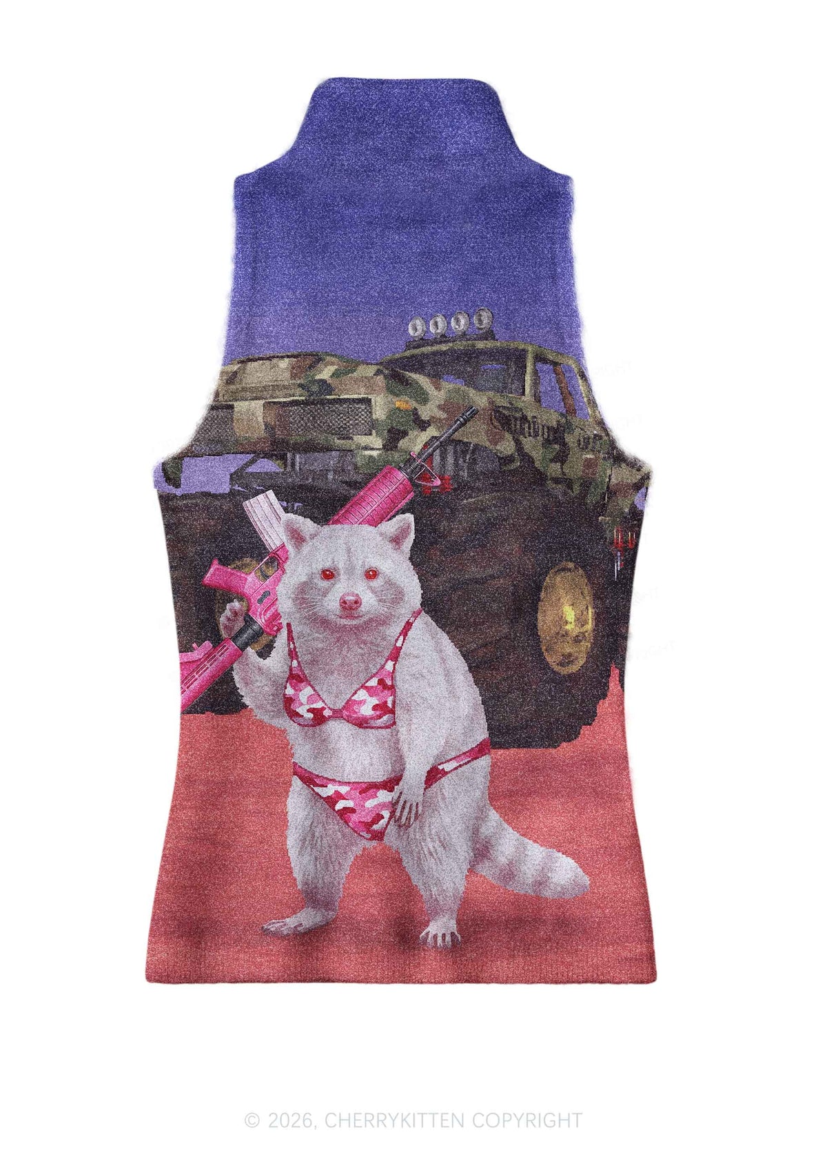 Red Camouflage Bikini Raccoon Y2K Knit Turtleneck Tank Top Cherrykitten