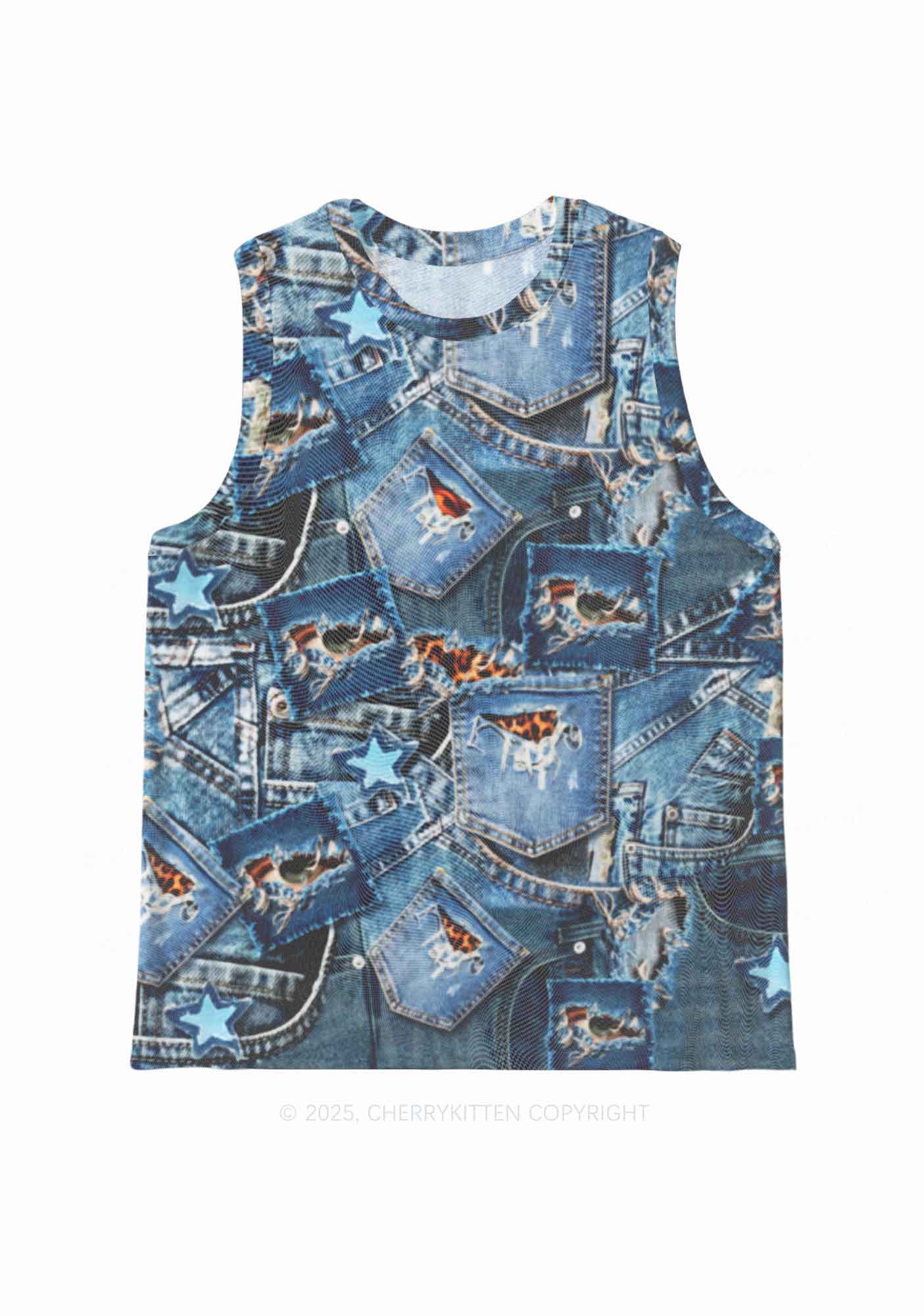 Denim Patchwork Y2K Mesh Muscle Tank Cherrykitten