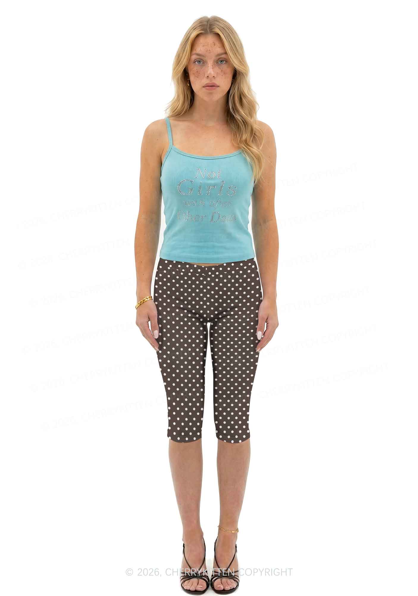 White Dots On Brown Y2K Print Capri Pants Cherrykitten
