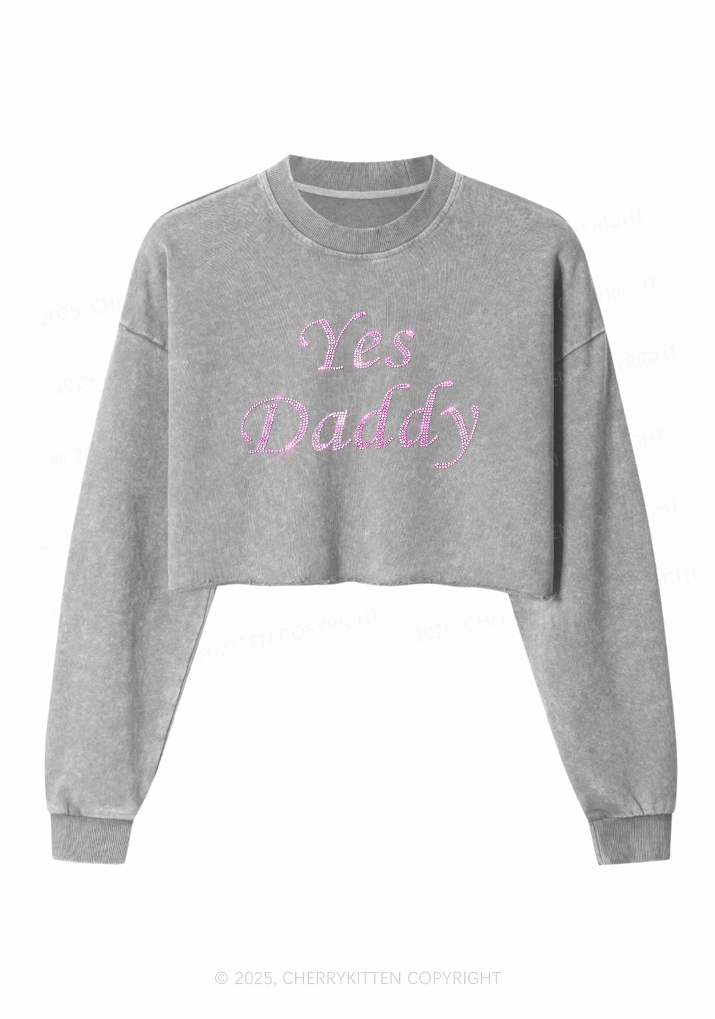 Rhinestone Yes Daddy Y2K Crop Washed Sweatshirts Cherrykitten