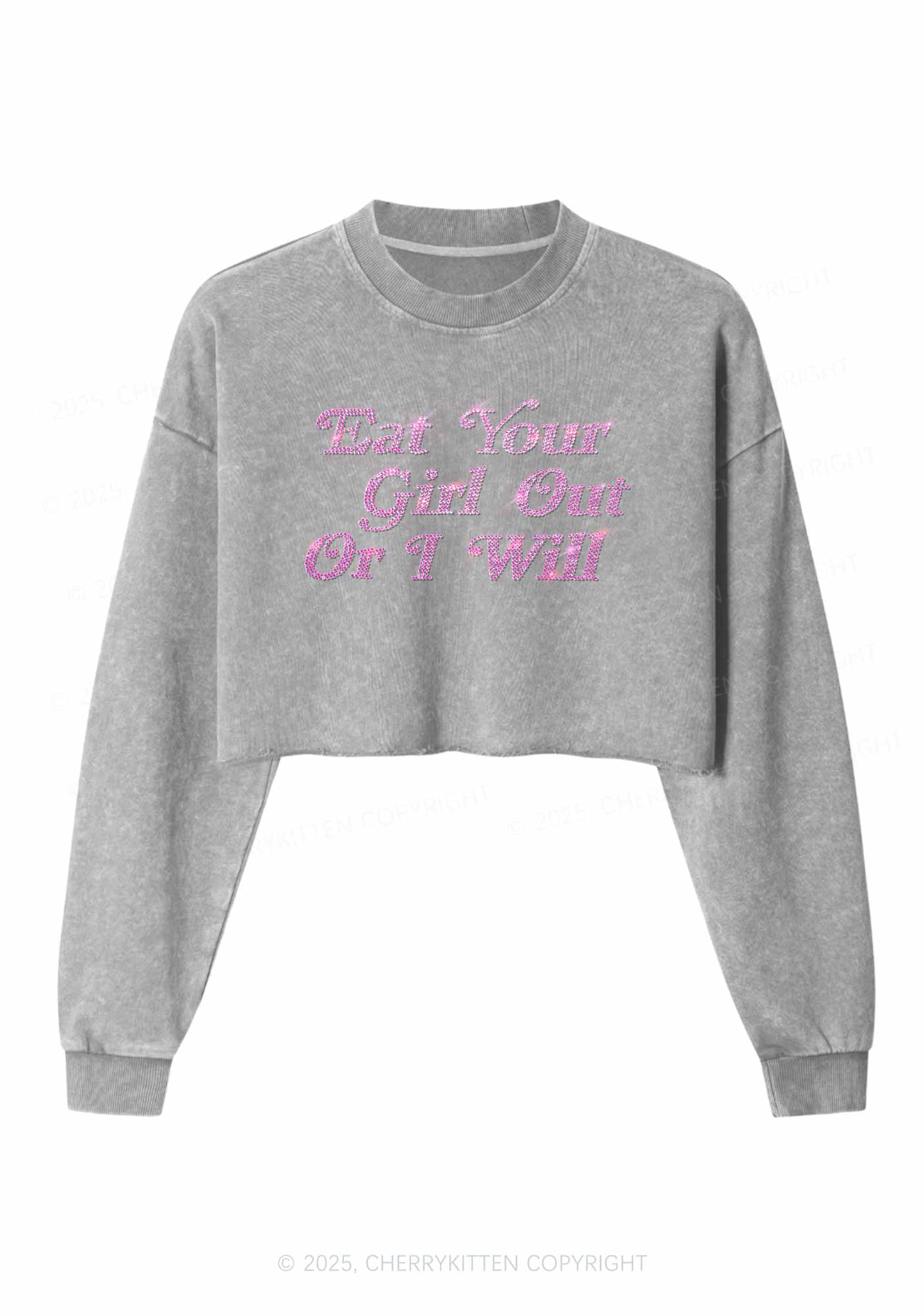 Rhinestone Eat Your Girl Out Y2K Crop Washed Sweatshirts Cherrykitten