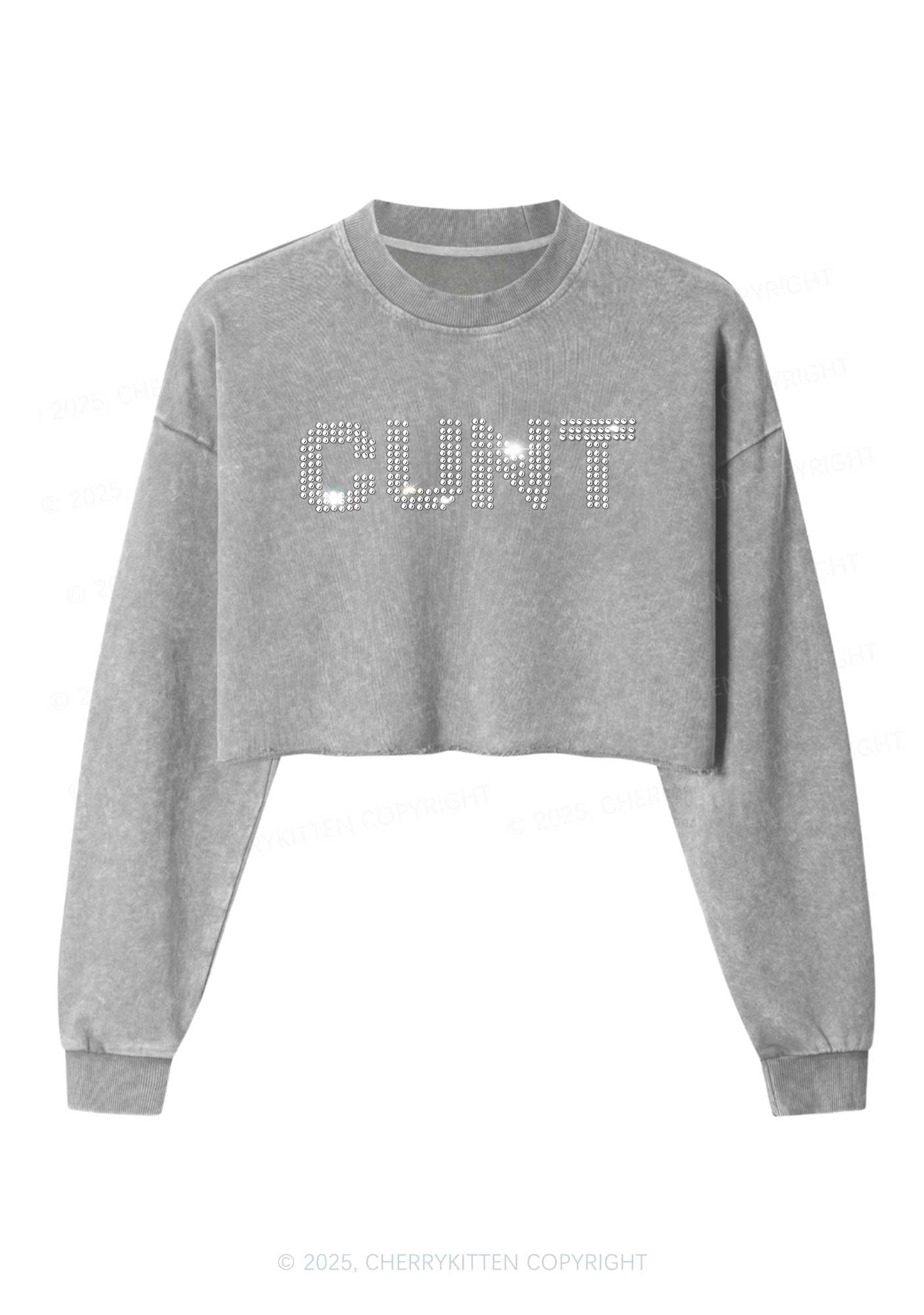 Rhinestone Cxxt Y2K Crop Washed Sweatshirts Cherrykitten