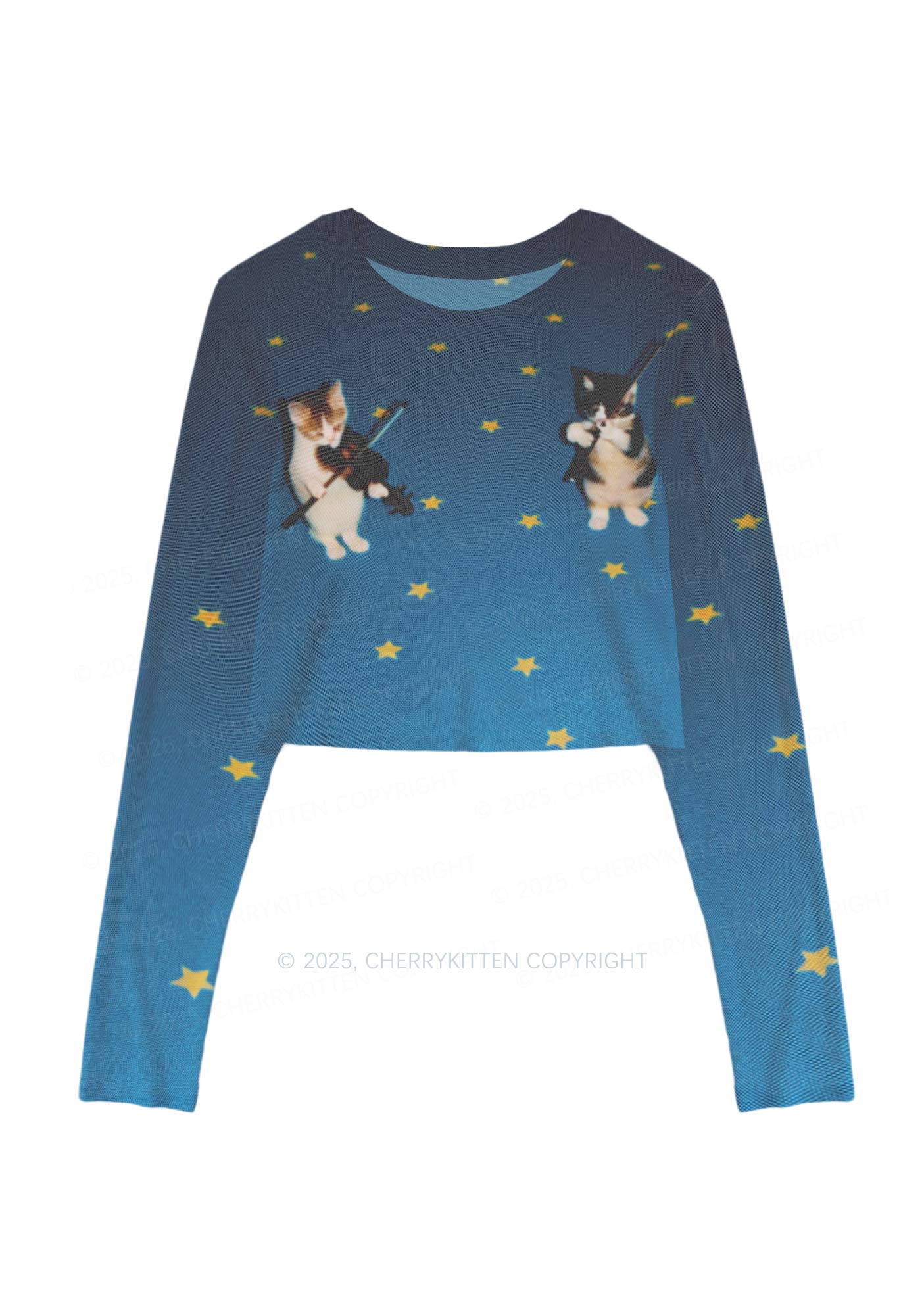 Kitten Violinist Y2K Mesh Long Sleeve Crop Top Cherrykitten