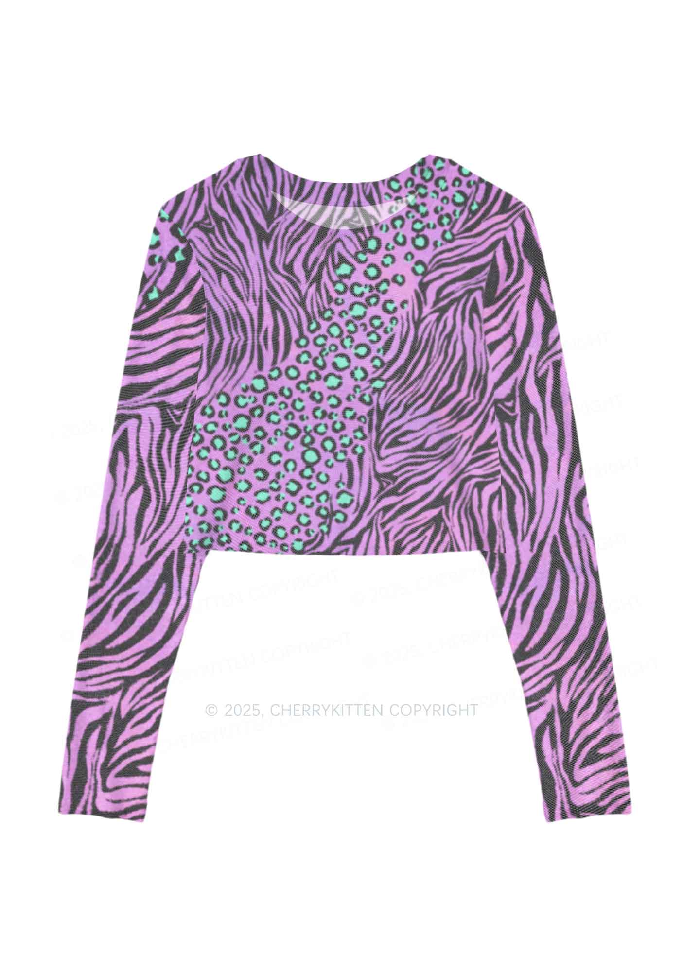 Lavender Zebra Y2K Mesh Long Sleeve Crop Top Cherrykitten