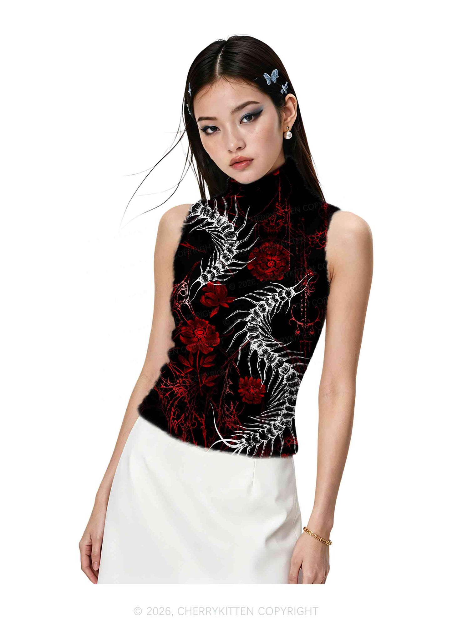 Halloween Centipede Red Floral Y2K Knit Turtleneck Tank Top Cherrykitten