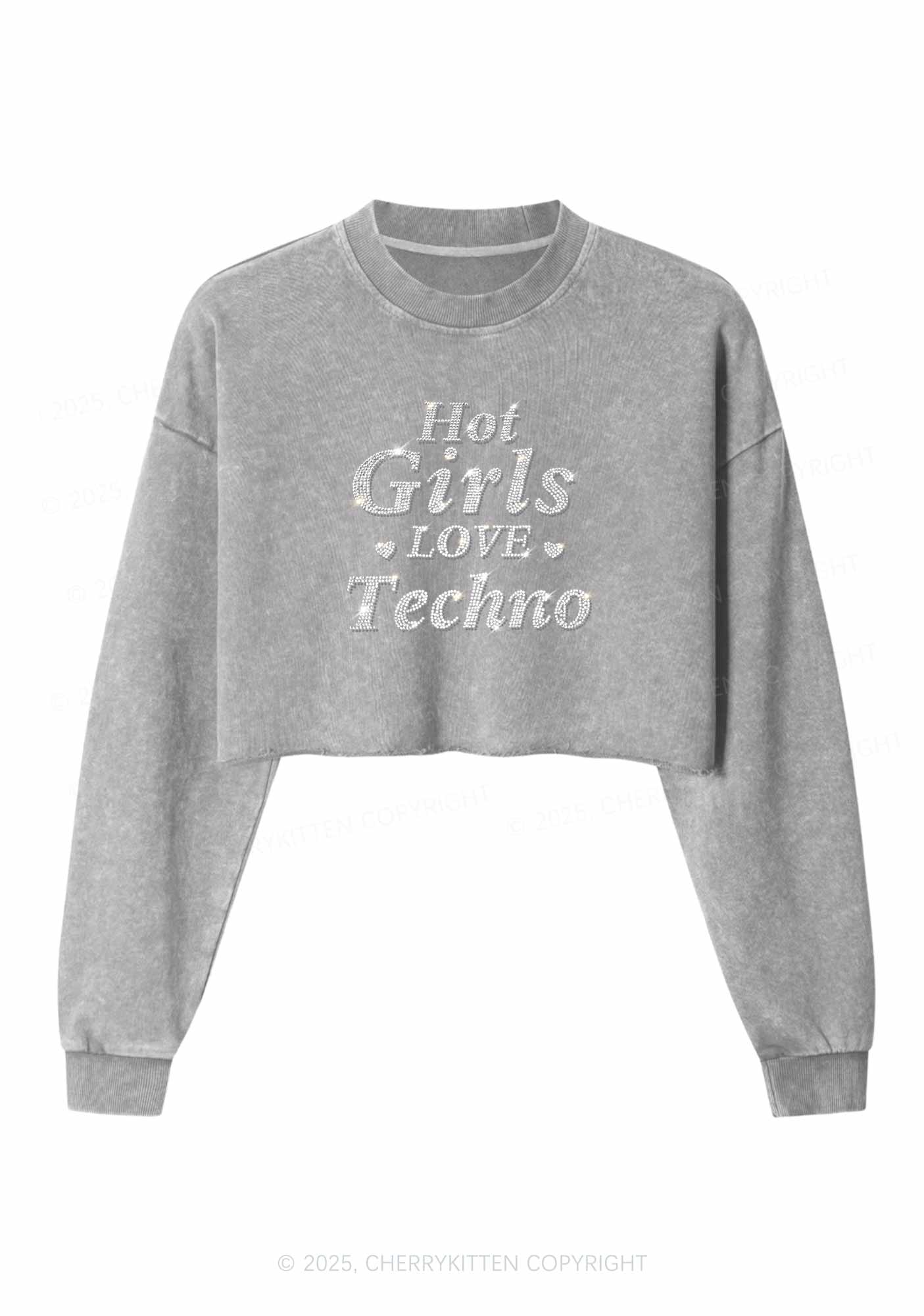 Rhinestone Hot Girls Love Techno Y2K Crop Washed Sweatshirts Cherrykitten