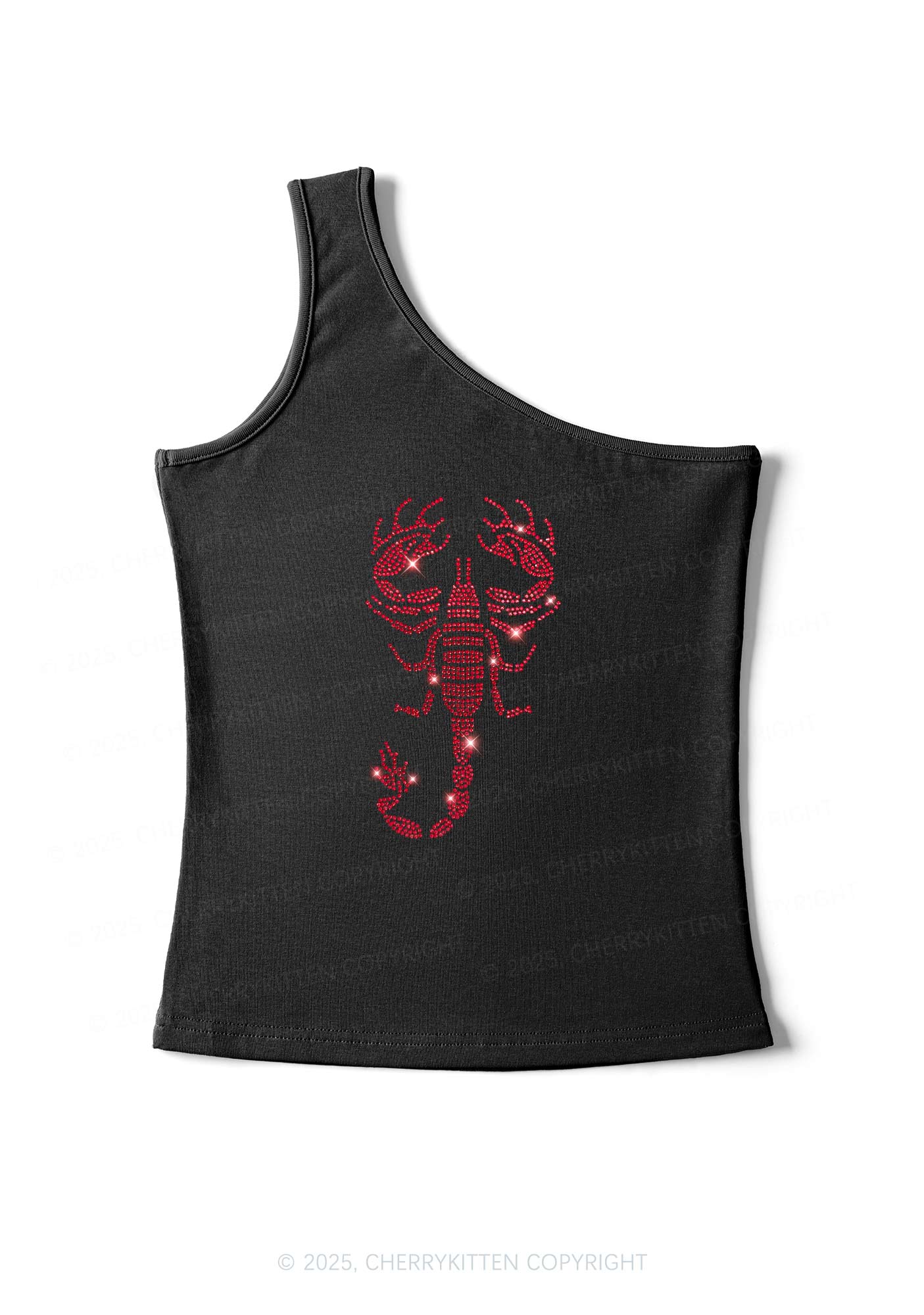 Rhinestone Red Scorpion Y2K One Shoulder Tank Top Cherrykitten
