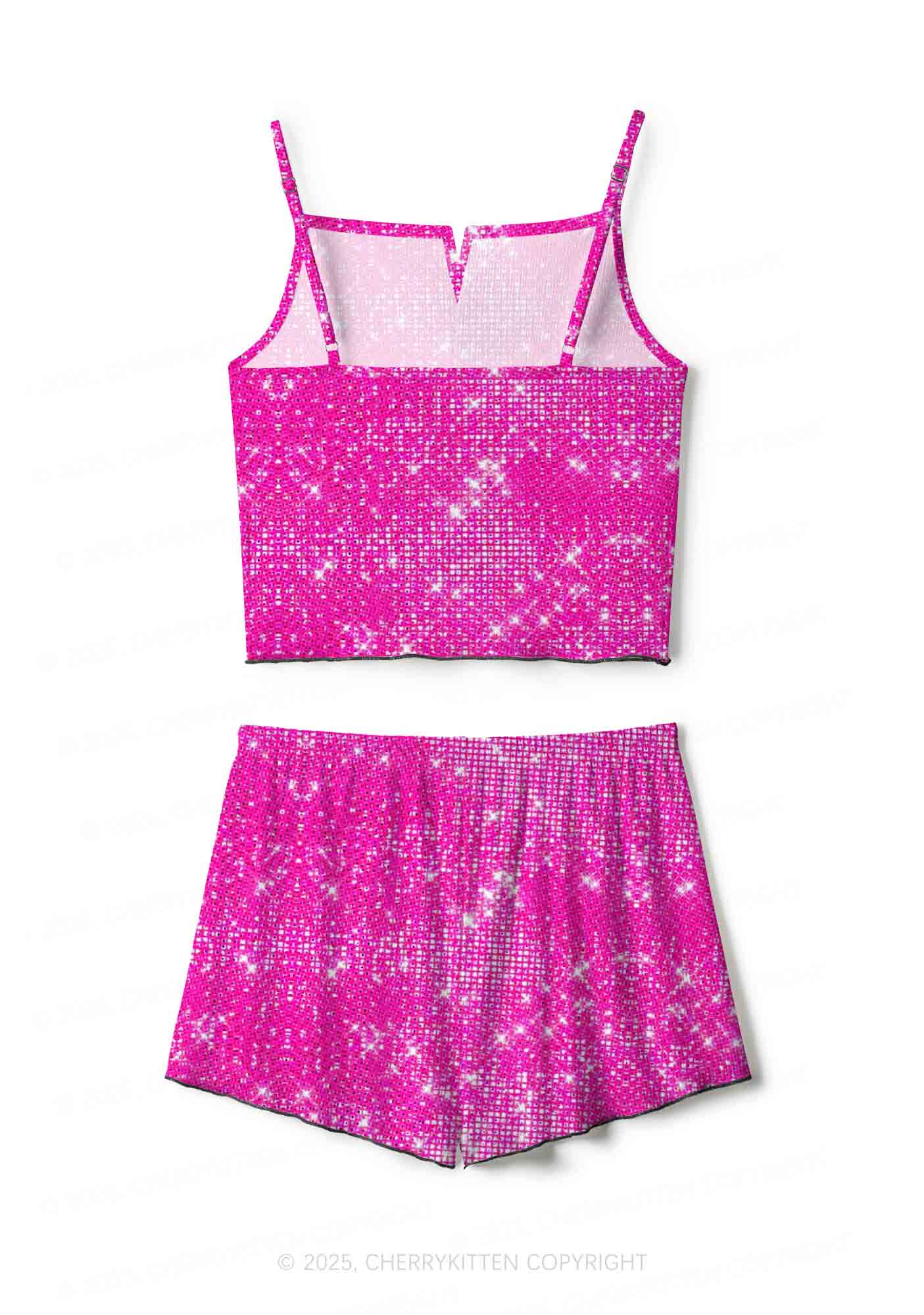 Shiny Pink Y2K Print Cami Shorts Pajama Set Cherrykitten