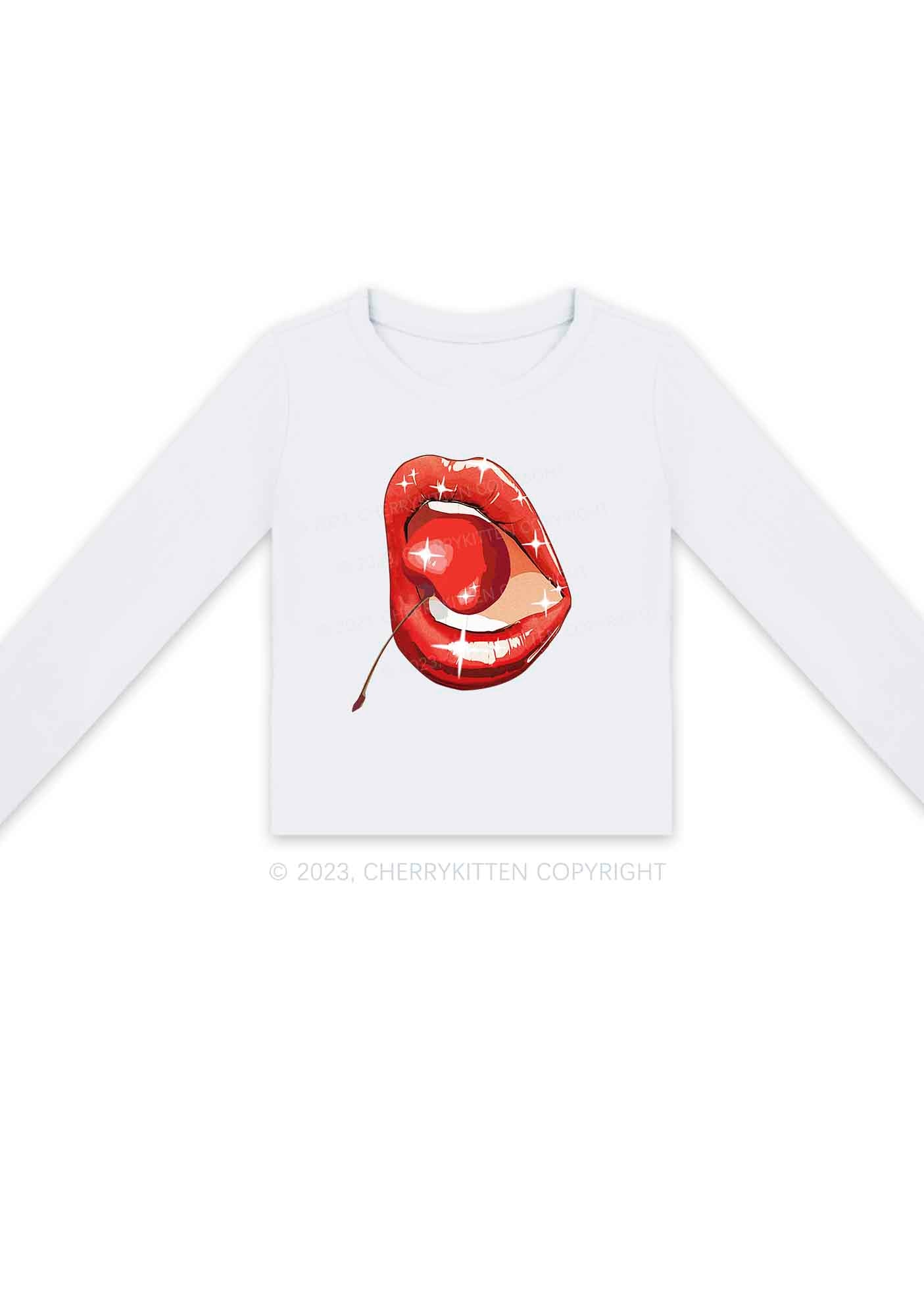 Red Cherry Lipstick Y2K Long Sleeve Crop Top Cherrykitten