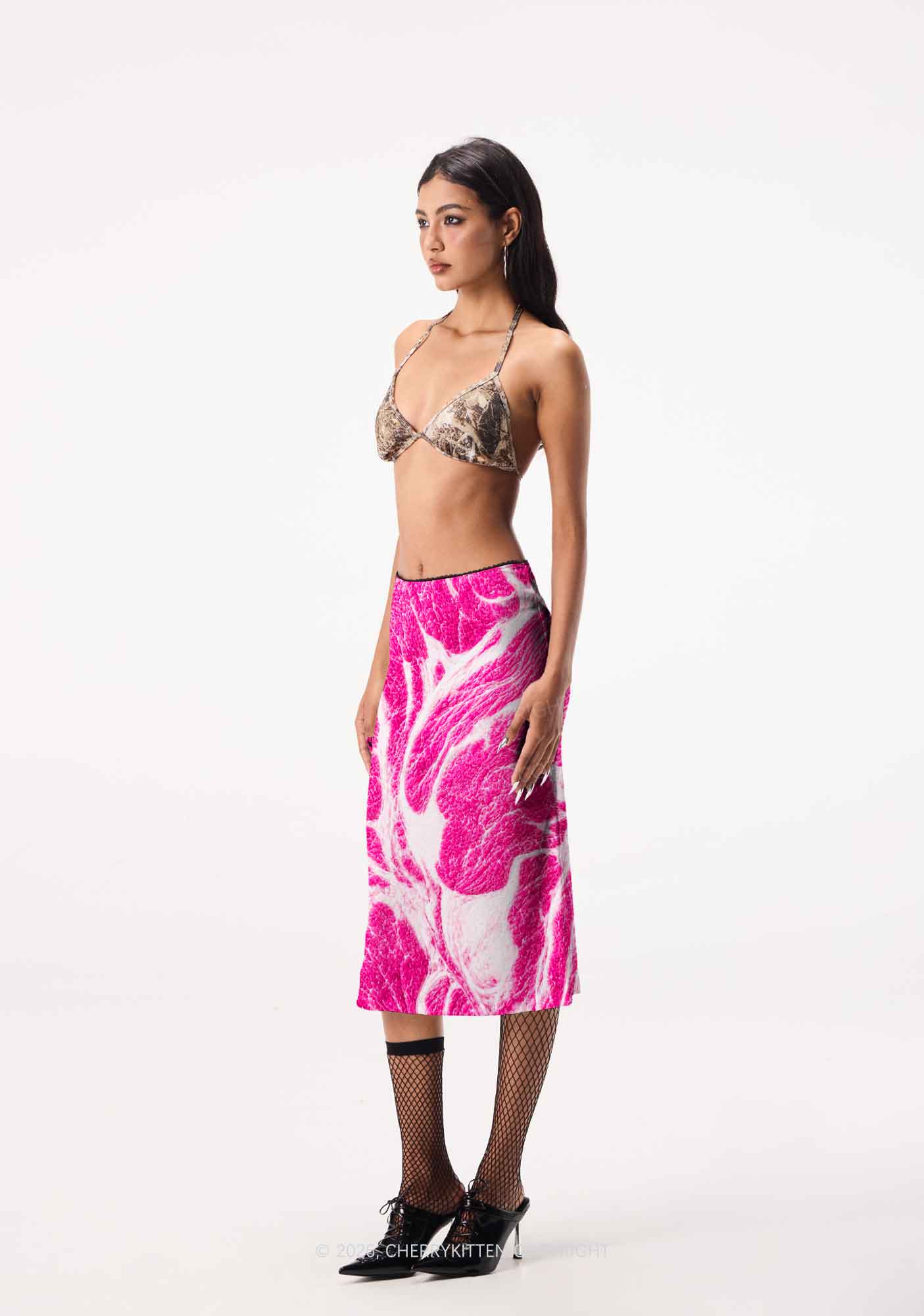 Halloween Pink Beef Texture Y2K Print Midi Skirt Cherrykitten