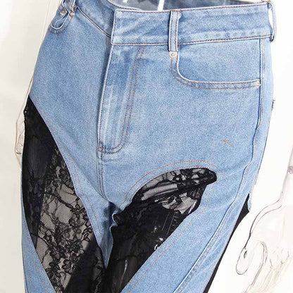Hot Girls Style Y2K Lace Splicing Denim Pants Cherrykitten