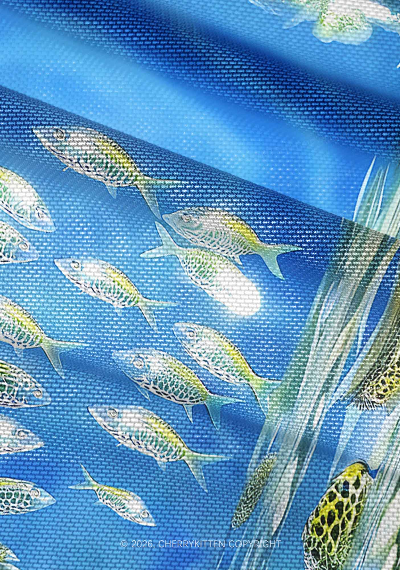 Undersea Fish Y2K Mesh Ruched Waist V Neck Top Cherrykitten