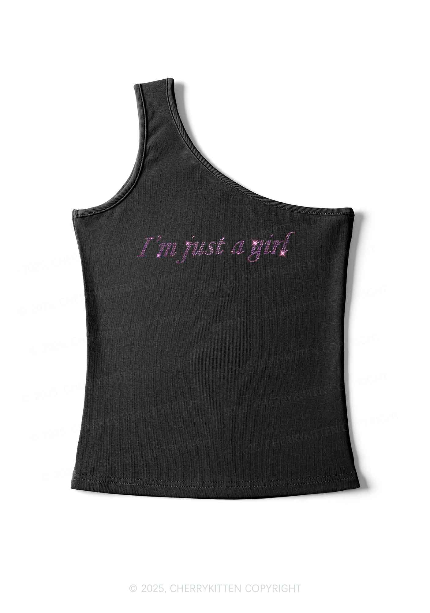 Rhinestone Just A Girl Y2K One Shoulder Tank Top Cherrykitten