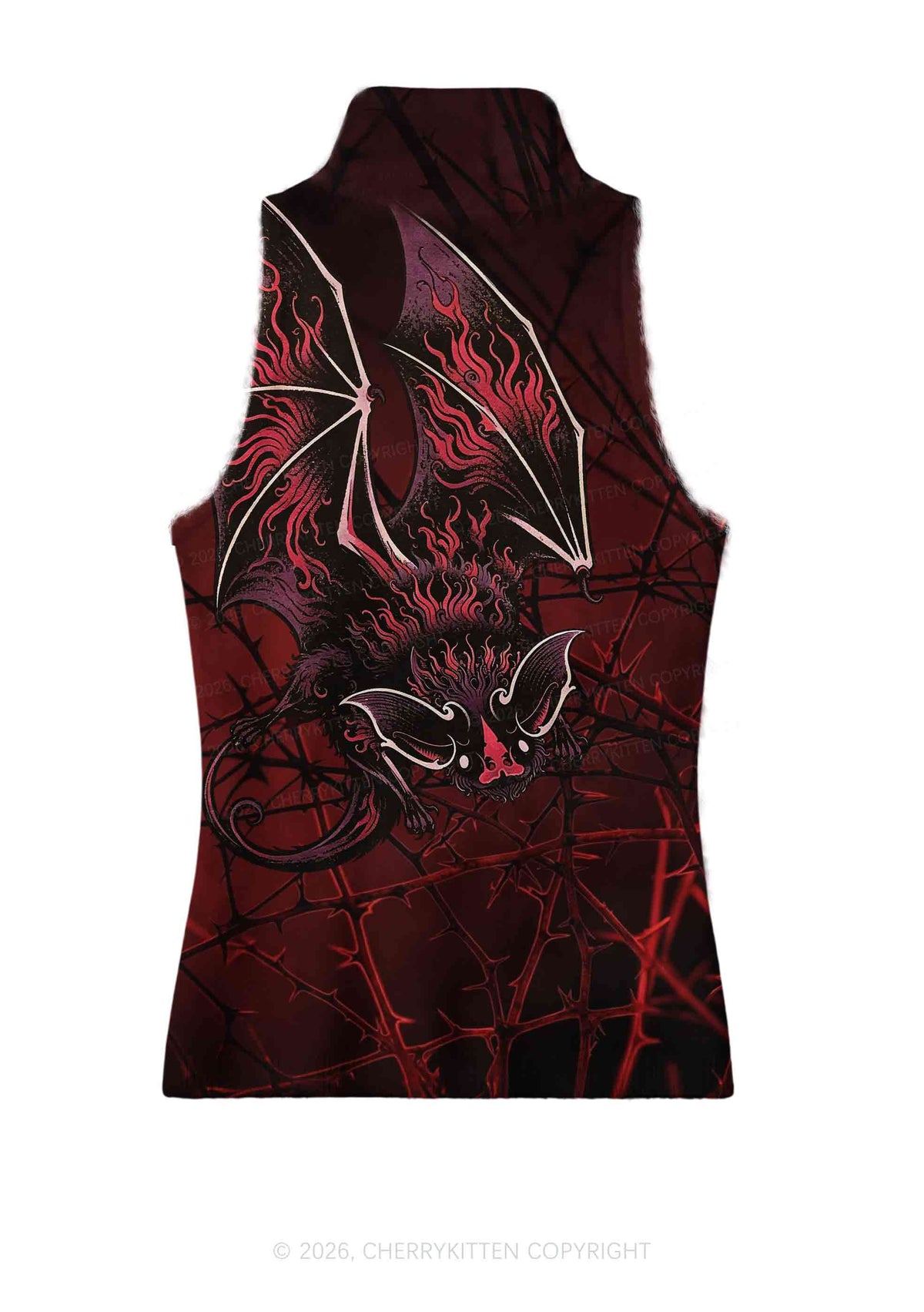 Halloween Flaming Bat Thorn Web Y2K Knit Turtleneck Tank Top Cherrykitten