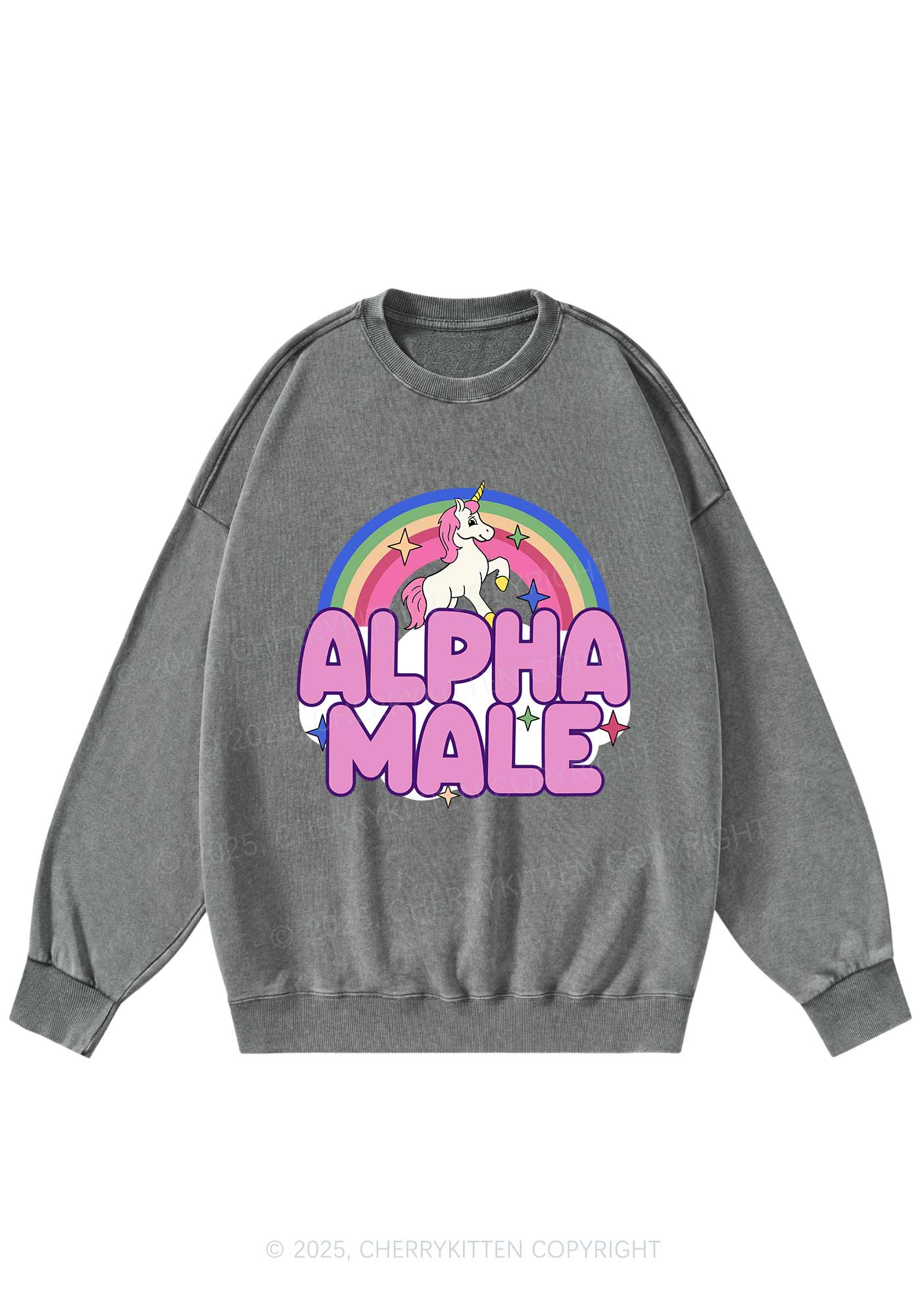 Rainbow Unicorn Alpha Male Y2K Washed Sweatshirts Cherrykitten