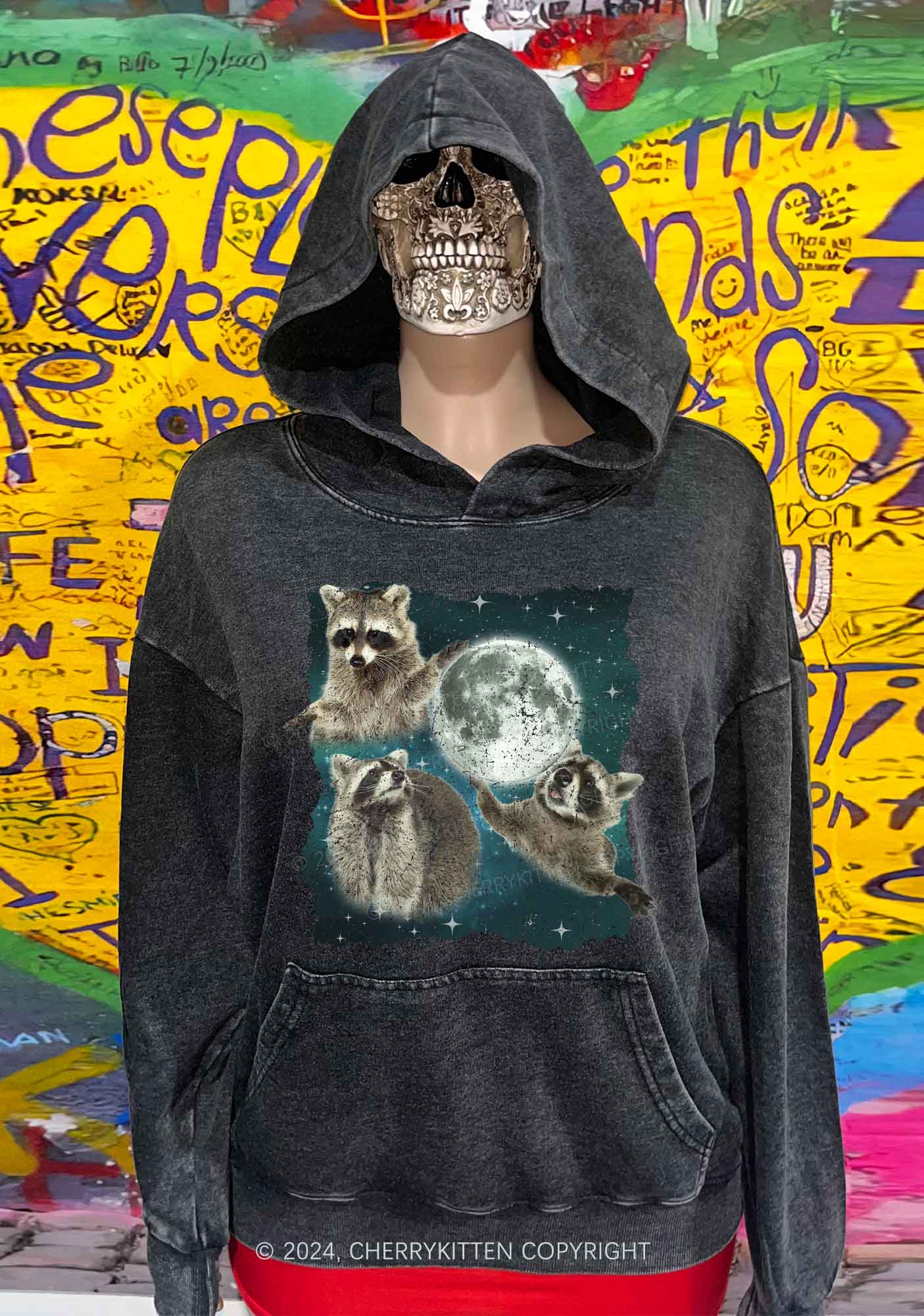 Raccoon Moon Y2K Washed Hoodie Cherrykitten