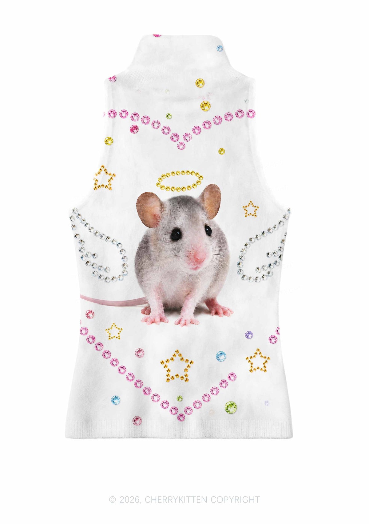 Rhinestone Angel Rat Y2K Knit Turtleneck Tank Top Cherrykitten