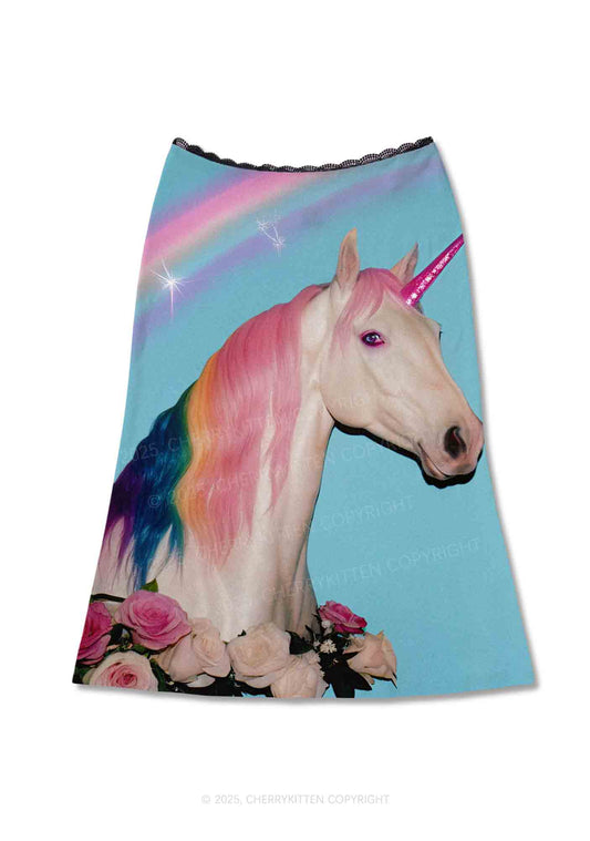 Colorful Unicorn Y2K Print Midi Skirt Cherrykitten