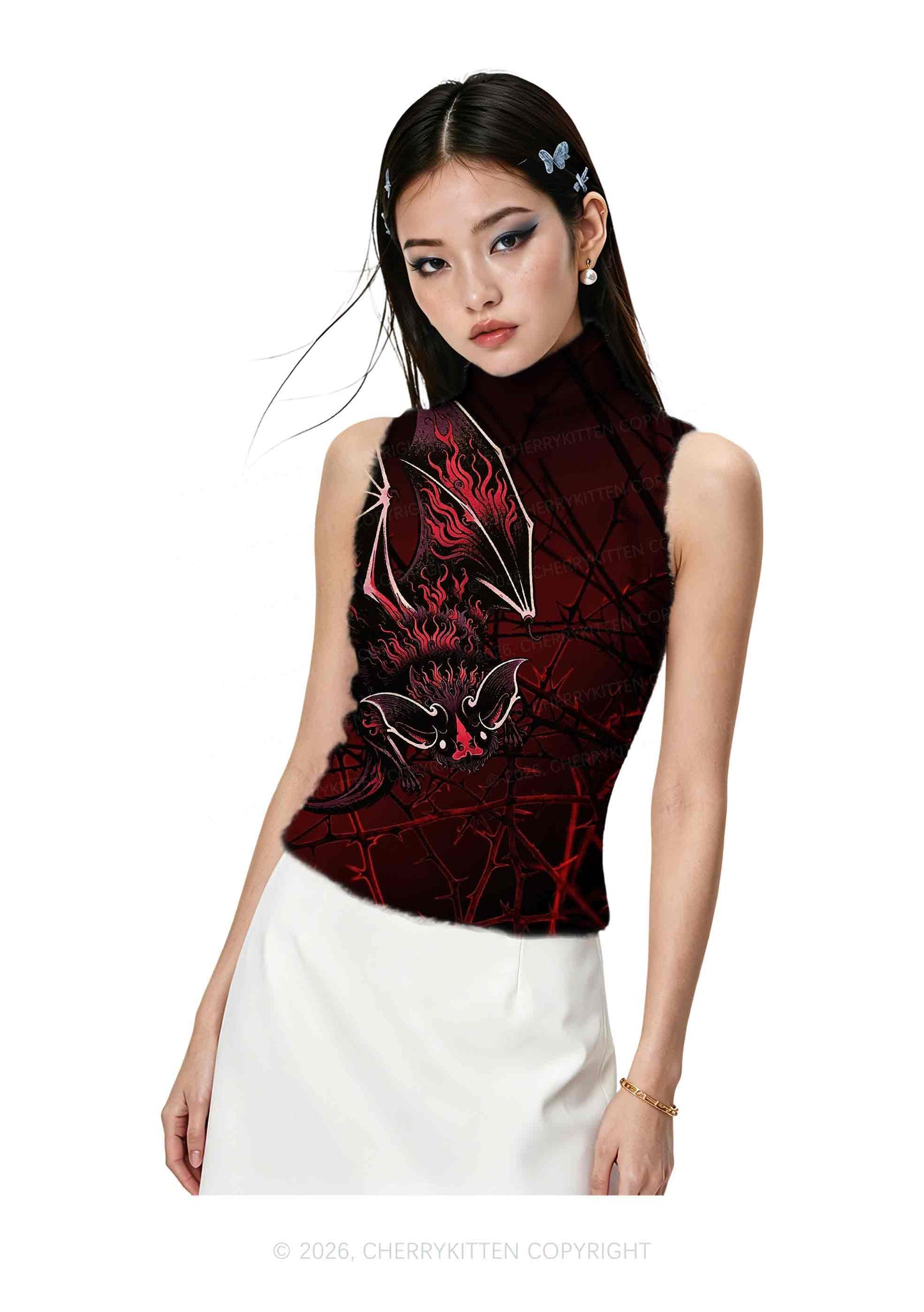 Halloween Flaming Bat Thorn Web Y2K Knit Turtleneck Tank Top Cherrykitten