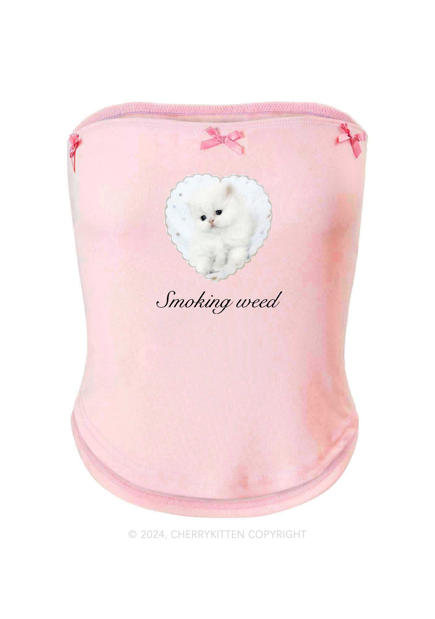 Smoking Cat Y2K Pink Bow Tie Tube Top Cherrykitten