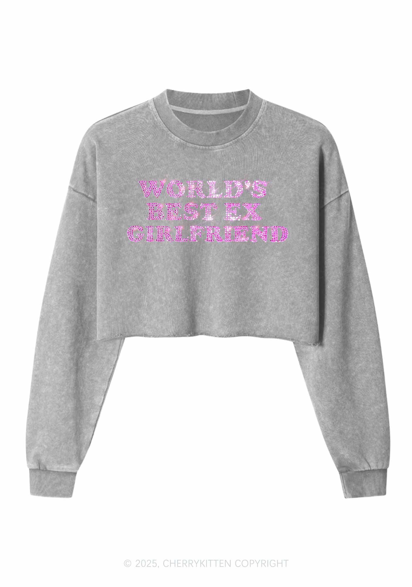Rhinestone Best Ex Girlfriend Y2K Crop Washed Sweatshirts Cherrykitten