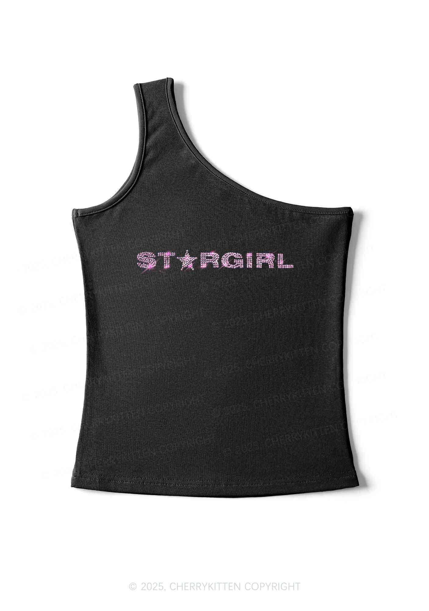 Rhinestone Red Stargirl Y2K One Shoulder Tank Top Cherrykitten