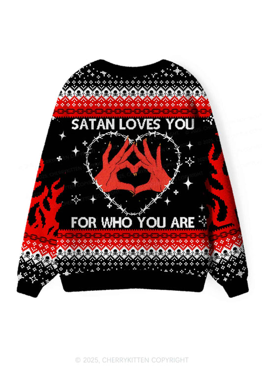 Halloween Satan Loves You Heart Y2K Christmas Cardigan Knit Sweatshirt Cherrykitten