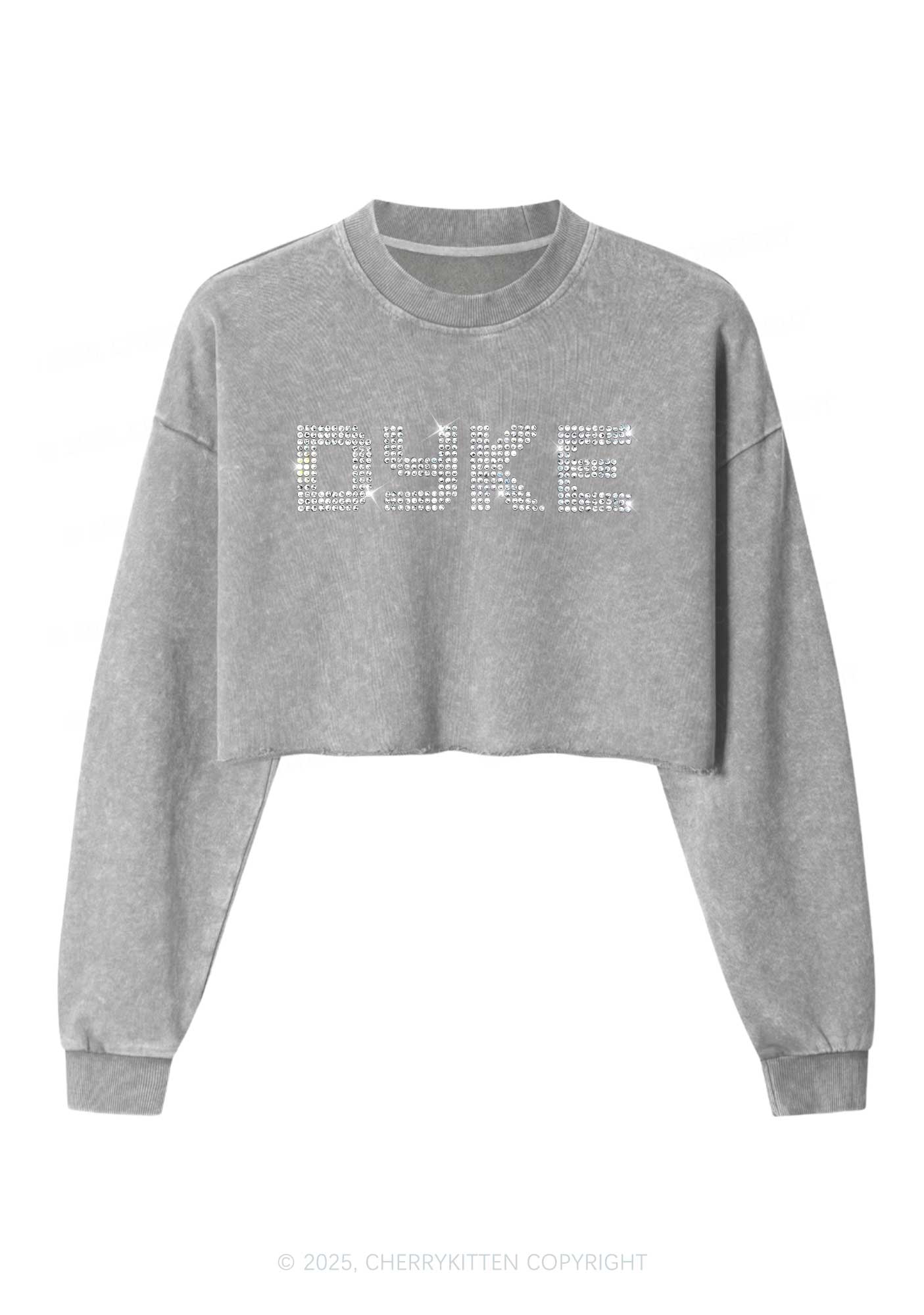 Rhinestone Dyke Pride Y2K Crop Washed Sweatshirts Cherrykitten