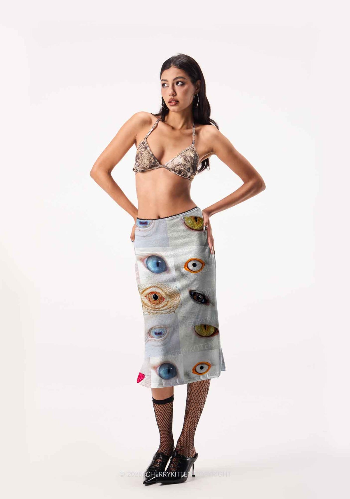 Multi Animal Eyes Collage Y2K Print Midi Skirt Cherrykitten