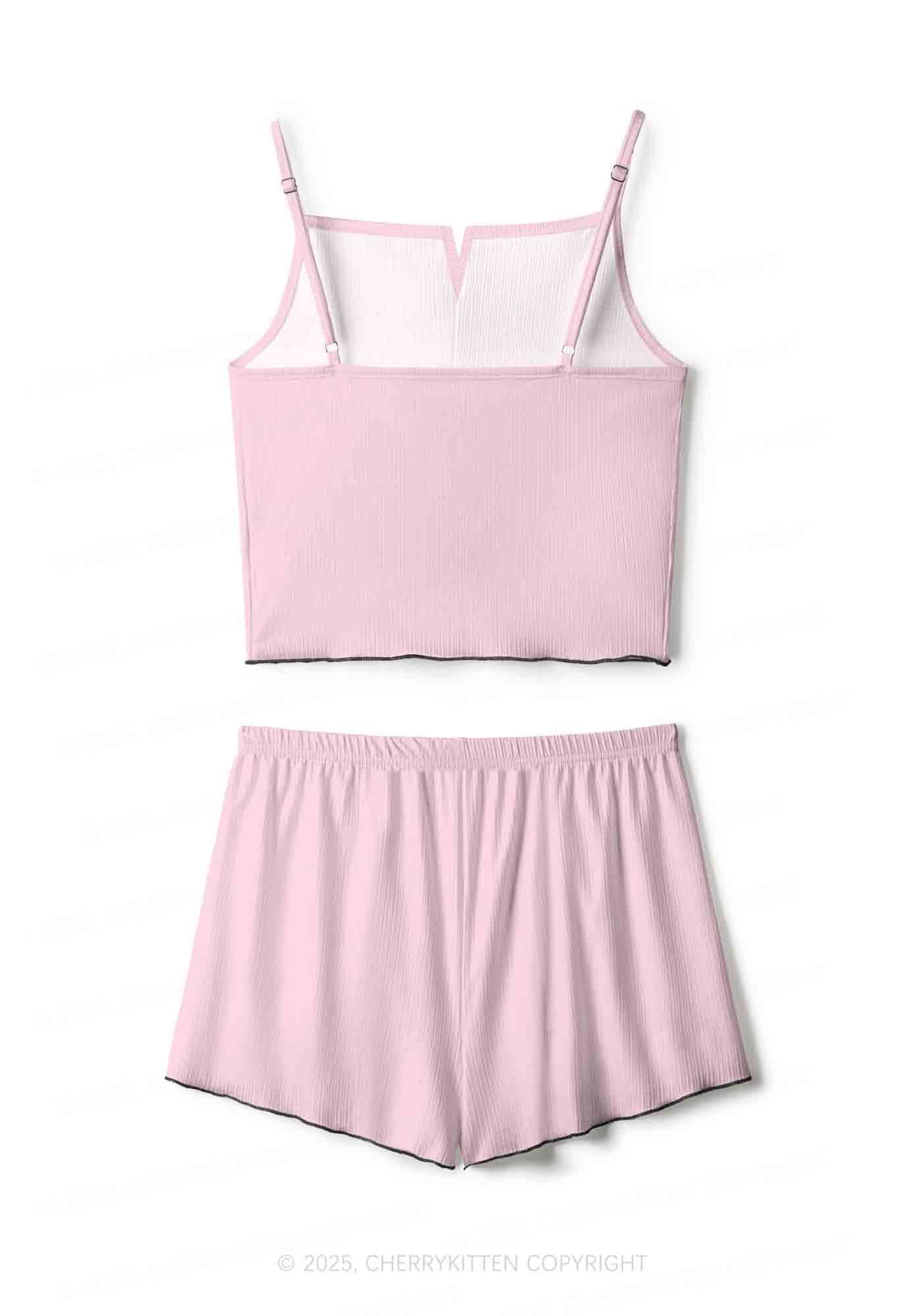 Plain Light Pink Y2K Print Cami Shorts Pajama Set Cherrykitten