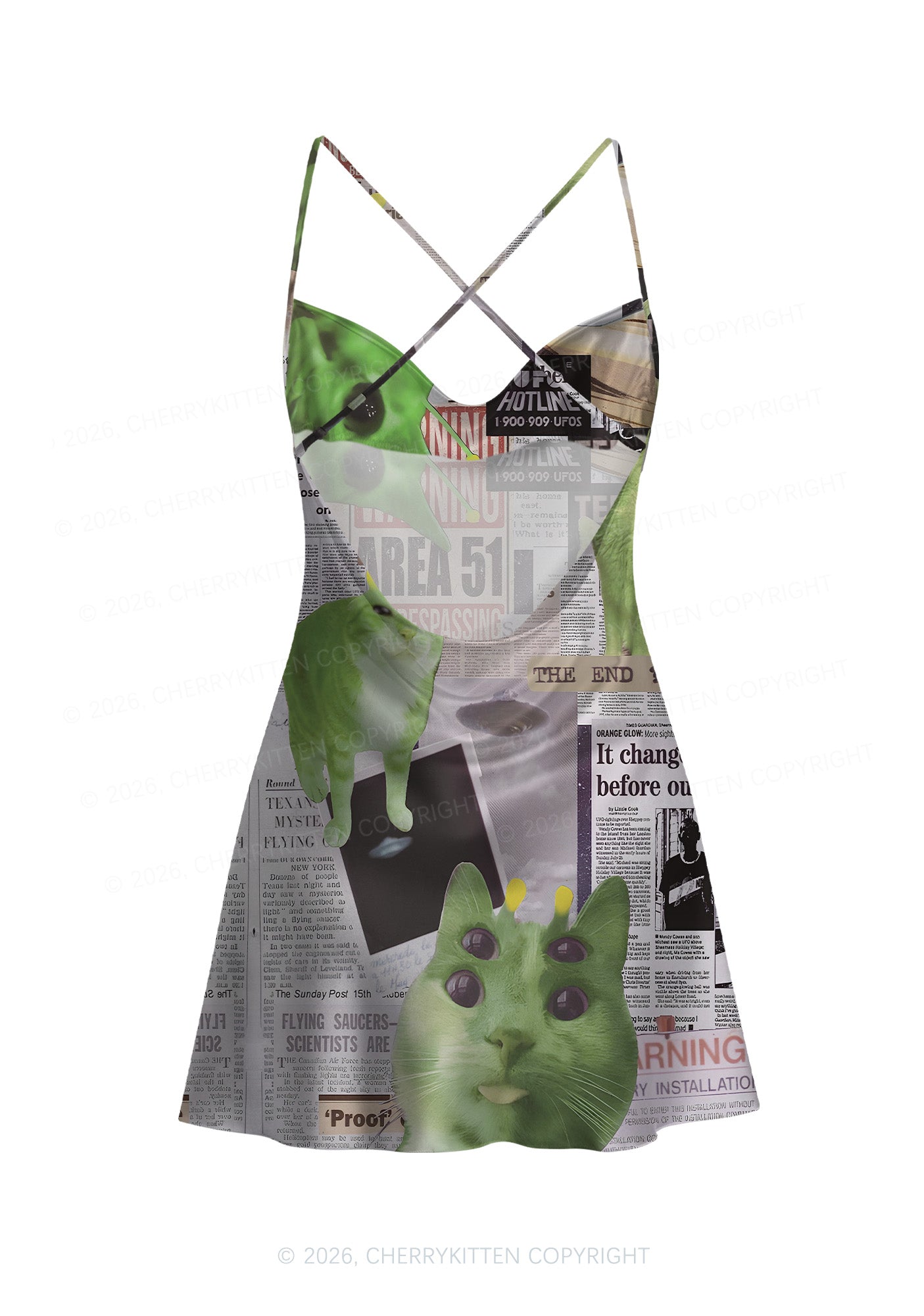 Green Alien Kitten Y2K Print Satin Cowl Neck Slip Dress Cherrykitten