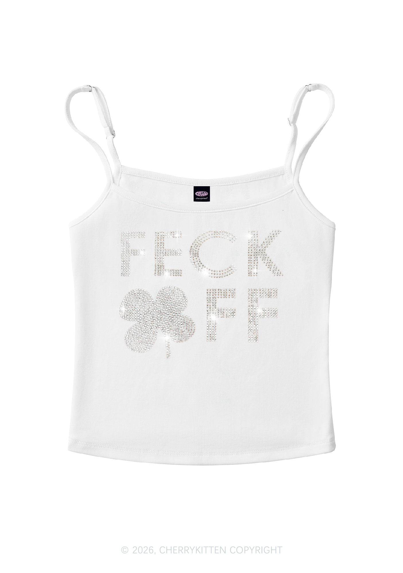 Rhinestone Feck Off St Patricks Y2K Spaghetti Strap Cami Cherrykitten
